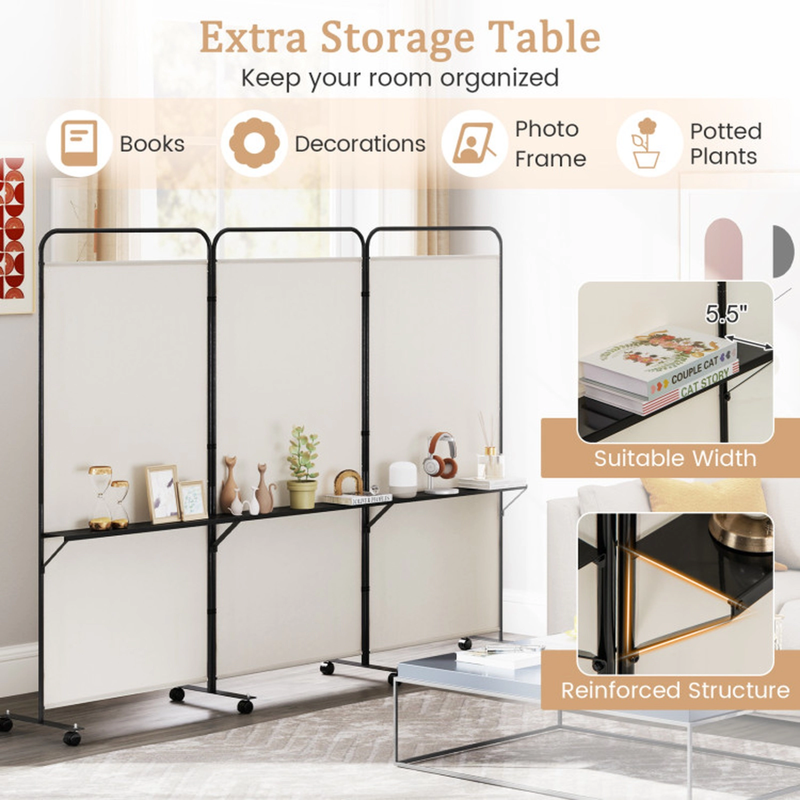 SUGIFT 3-Panel Folding 3 Metal Shelves Room Divider Screen 103-in x 18-in x 74-in 8 Lockable Wheels Beige