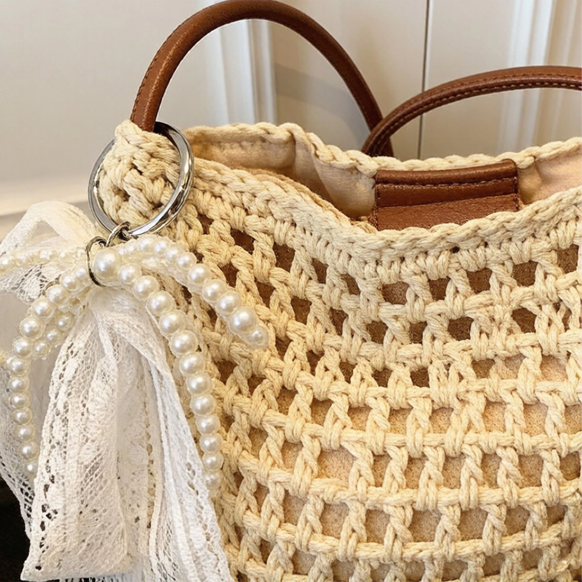 Alilang Women's Crochet Crossbody Bag with Lace Bow Detail Lightweight Knit Shoulder Bag Small Casual Handbag