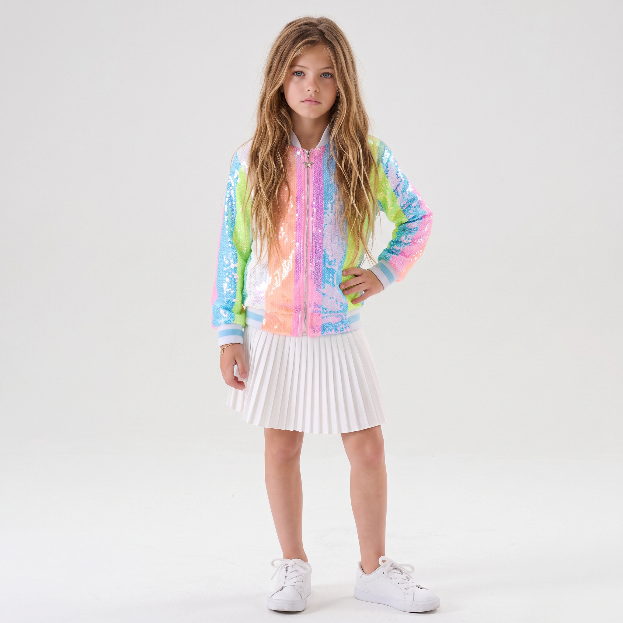 2Bunnies Girls’ Neon Pastel Stripe Sequin Bomber Jacket