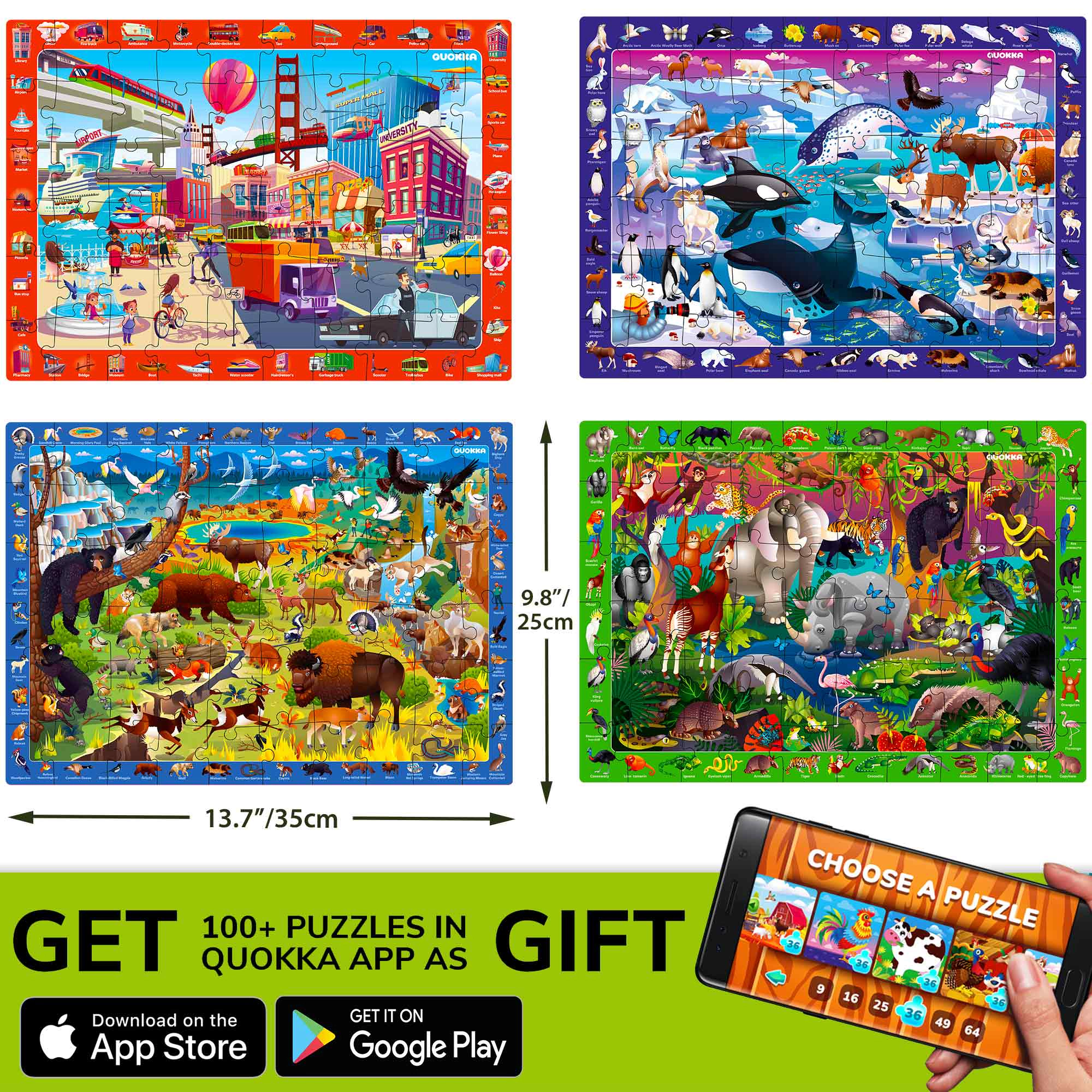 QUOKKA Search & Find Educational Puzzle Set, 100 150 Piece Jigsaw Puzzles for Kids, Ages 4-10, Animal City Themes