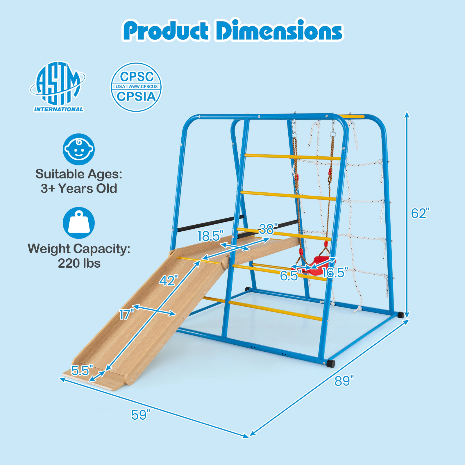 LJG 6-in-1 Indoor Jungle Gym with Slide for Boys and Girls 3+ Years Old