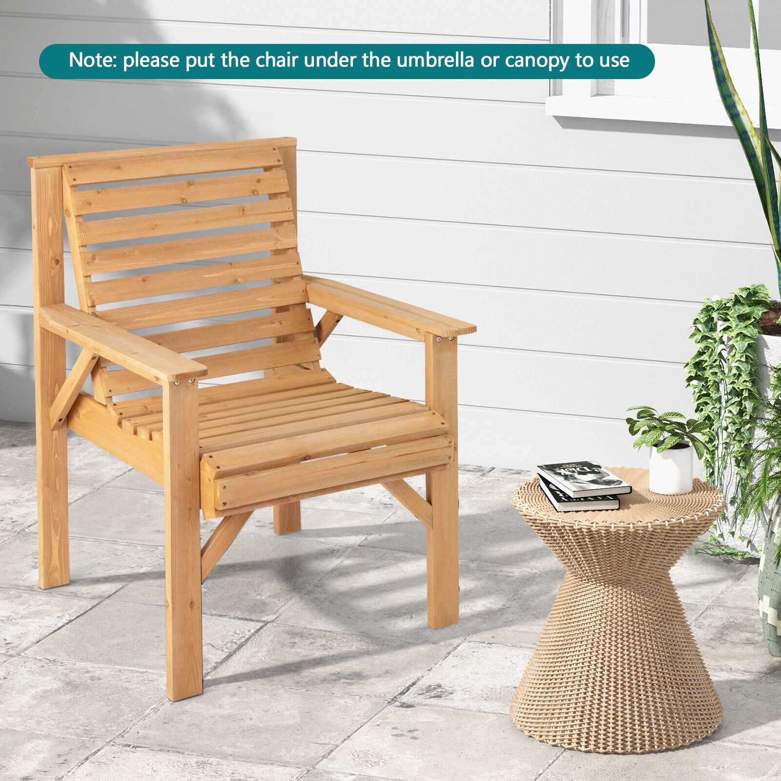SUGIFT Natural Solid Fir Wood Outdoor Dining Armchair with Inclined Backrest 26-in W 26-in D 35-in H