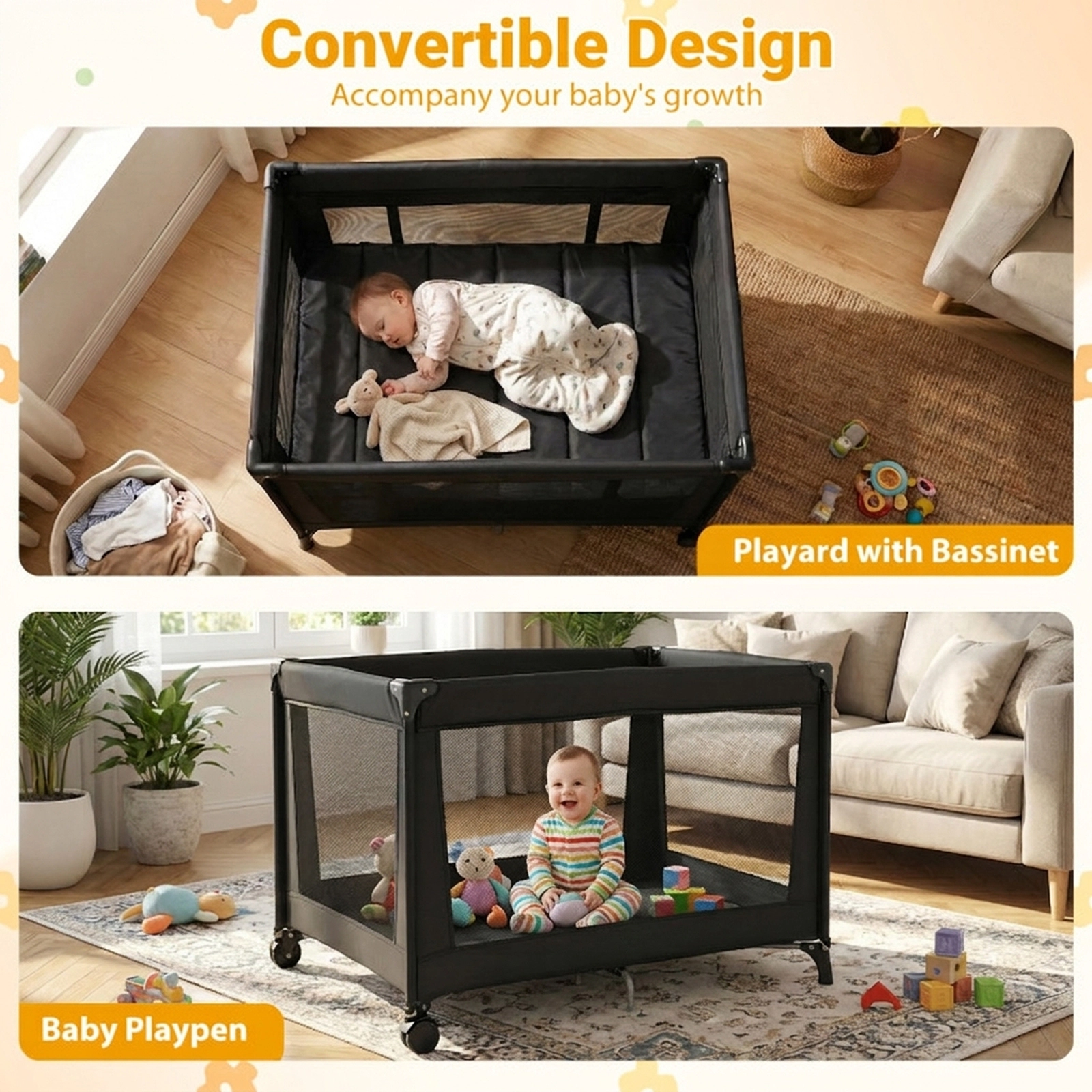 SUGIFT Baby 2-in-1 Bassinet Breathable Mesh Folding Travel Crib Playard 39-in x 27-in x 27.5-in 30-lb Capacity Black