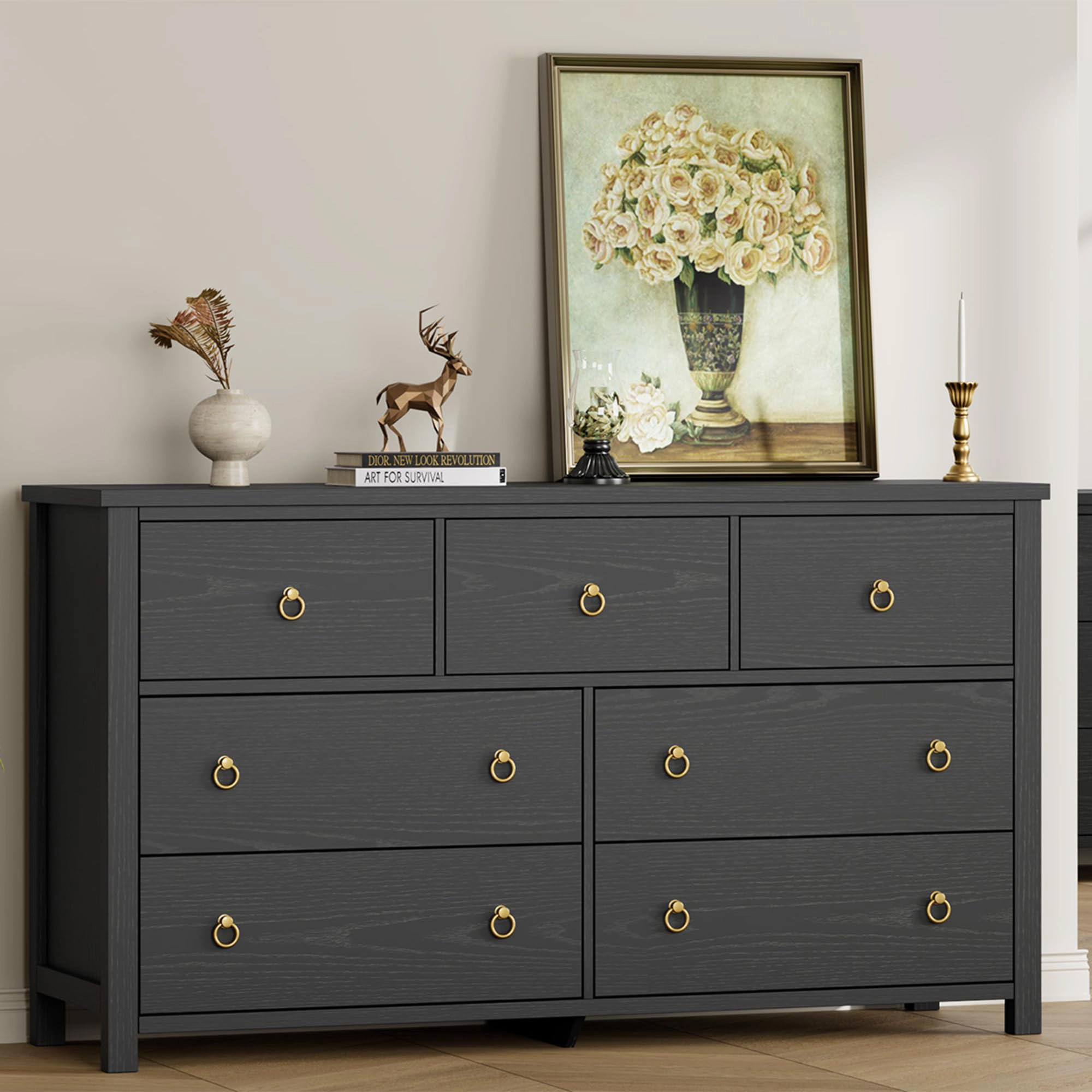 7 Drawer Modern Black Dresser & TV Stand, 54" Wide Wooden Storage Cabinet for Bedroom Living Room