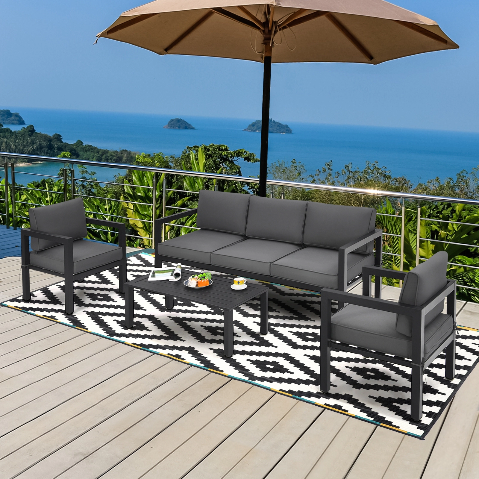 SUGIFT Gray 3-Seat Sofa 2 Chairs and Table 4-Piece Outdoor Aluminum Sofa Set