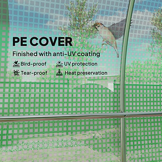 HONGGE Hoop House Greenhouse Walk-in Tunnel Greenhouse with 2 Support Rods Zippered Roll-up Mesh Door 14.6'x6.5'x6.6'