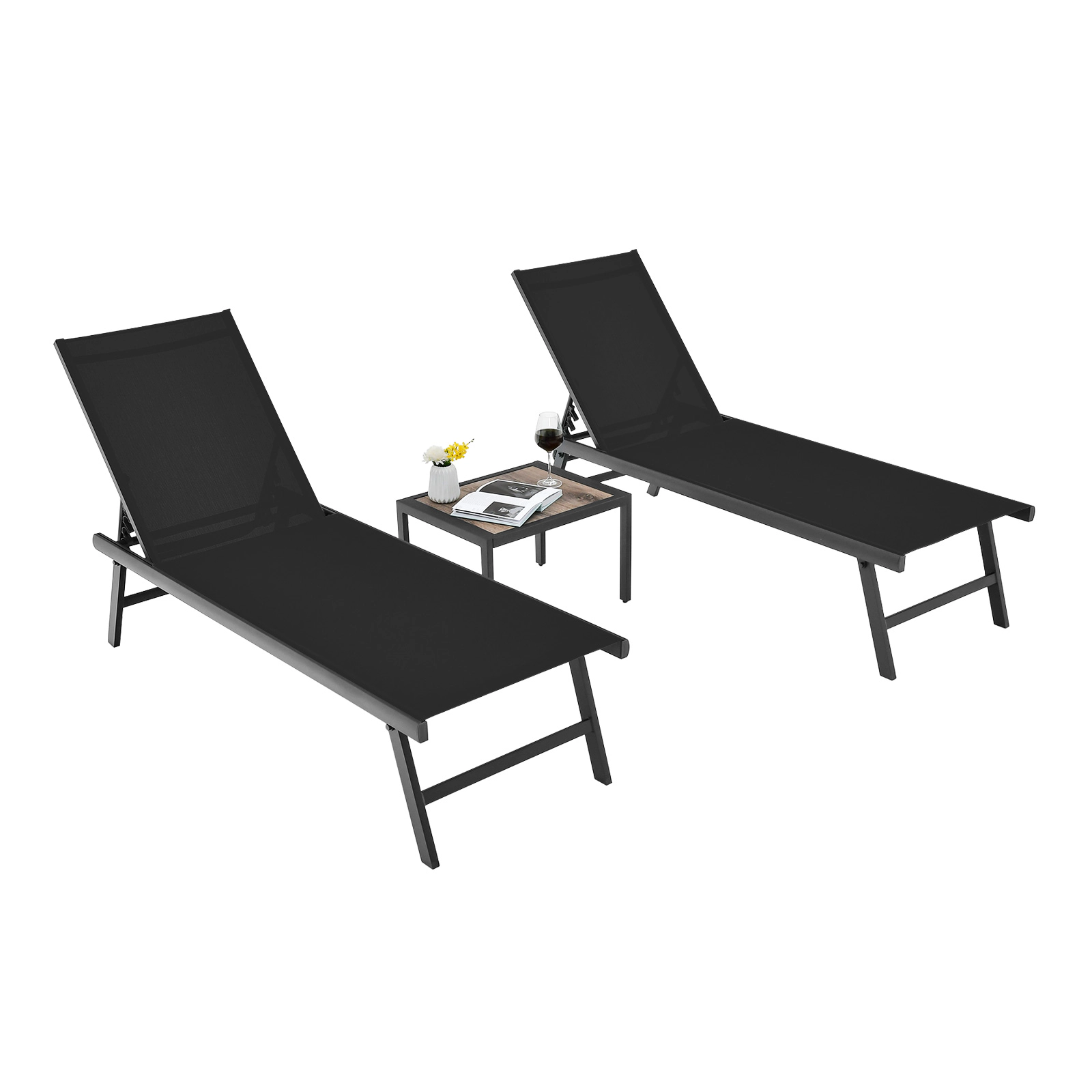LJG 3 Pieces Patio Chaise Lounge Chair and Table Set for Poolside Yard