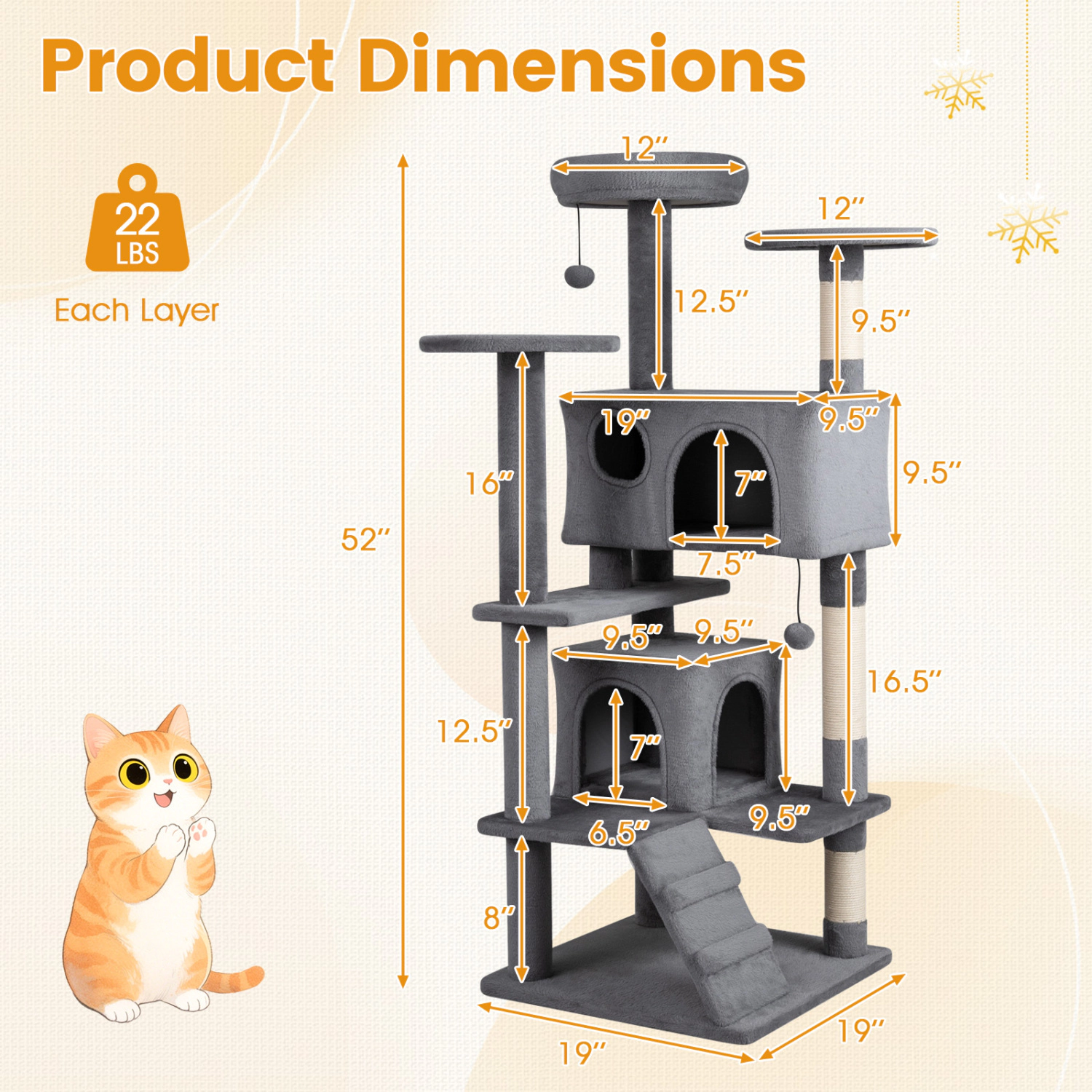 SUGIFT Light Gray 52 in Tall Cat Tree with 2-Door Cave and Round Platforms
