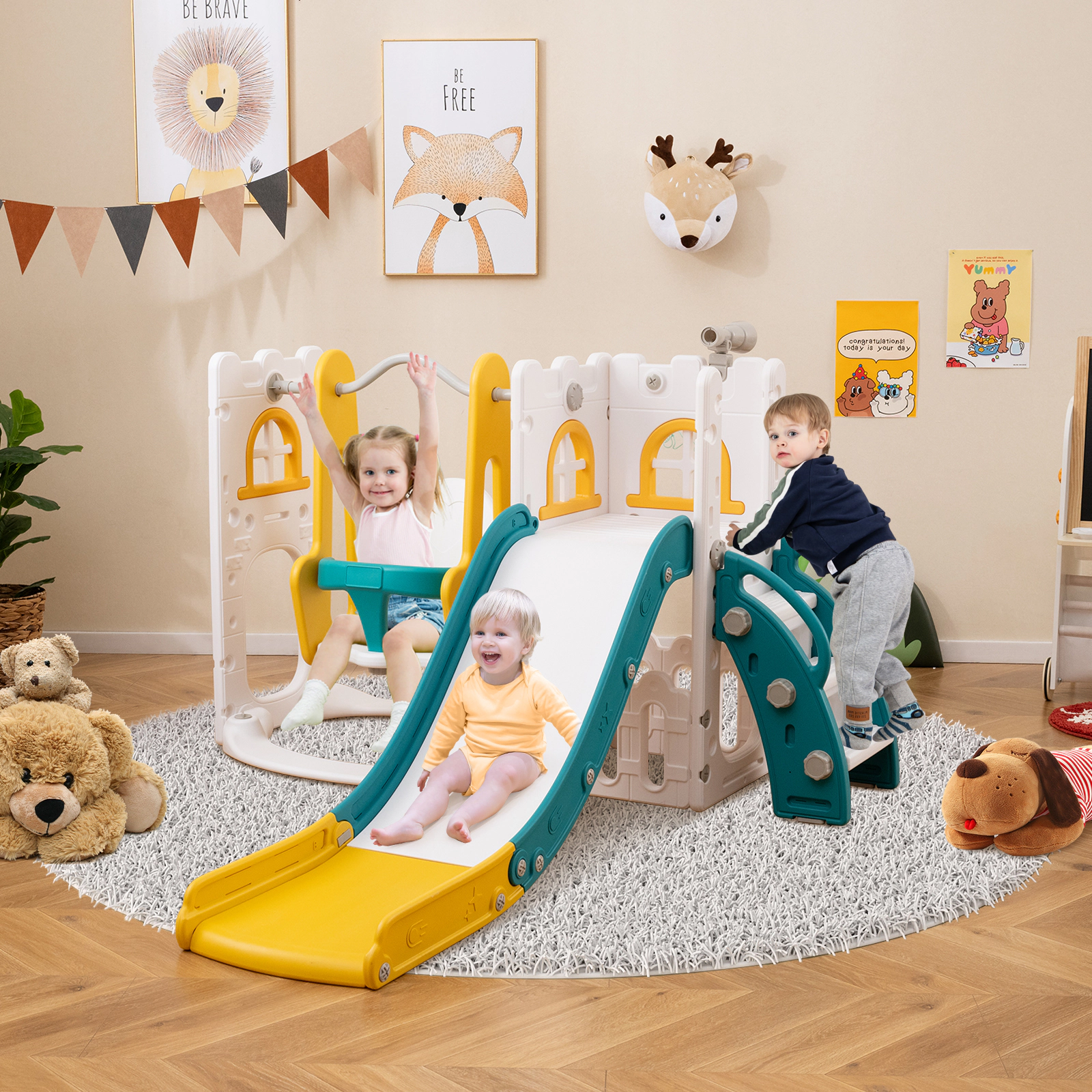 SUGIFT Yellow Ladder and Basketball Hoop 7-in-1 Toddler Swing and Slide Set L-Shaped