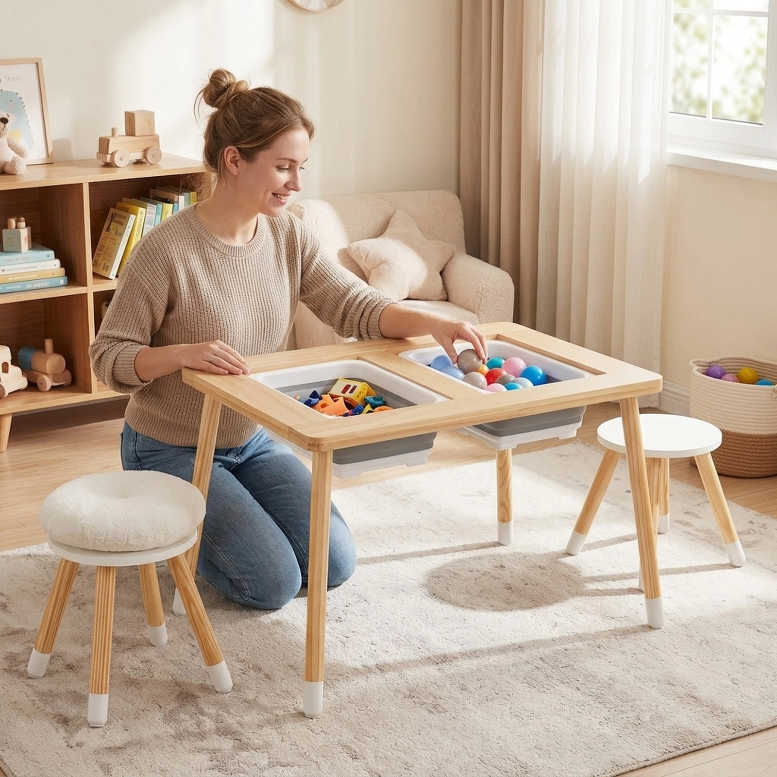 SUGIFT Natural Pine Kids Activity Table Set with Reversible Chalkboard and Whiteboard Top, 2 Stools