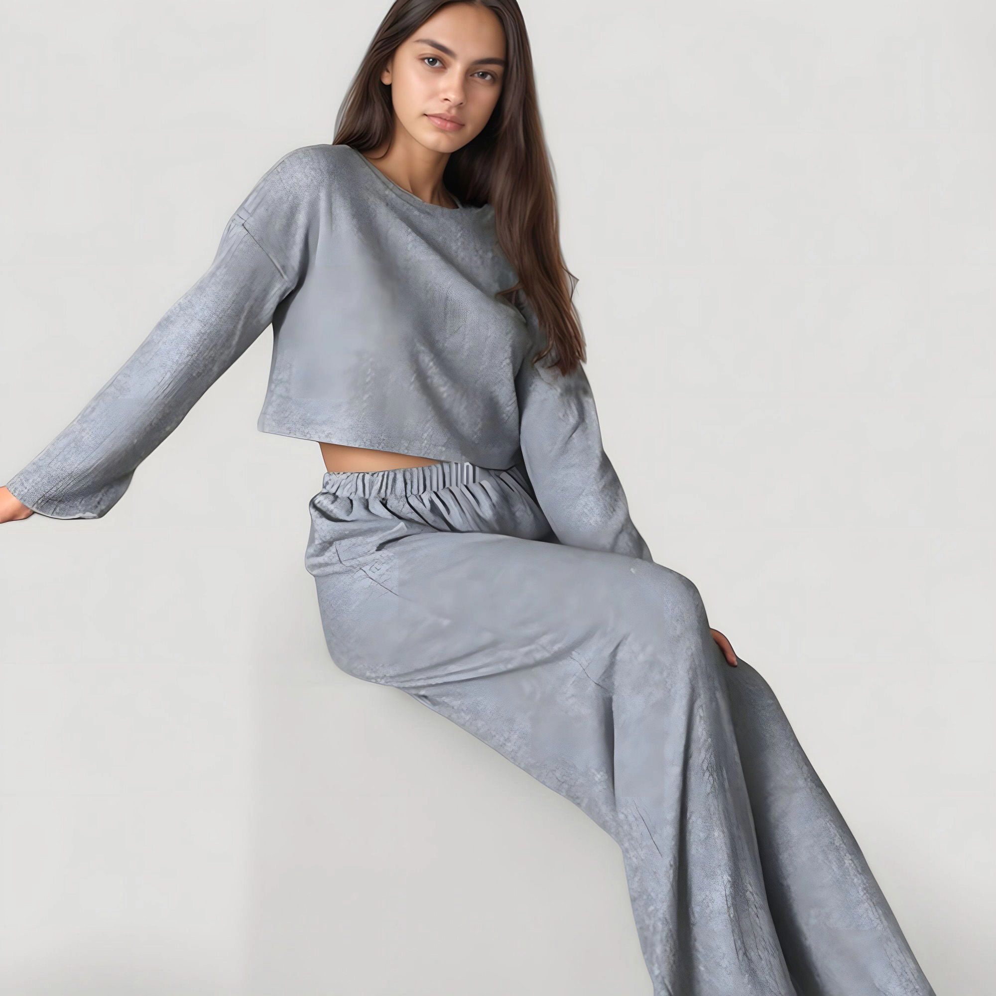 Anna-Kaci Women's Ribbed Knit Long Sleeve Crop Top and Wide Leg Lounge Pants Two-Piece Pajama Set