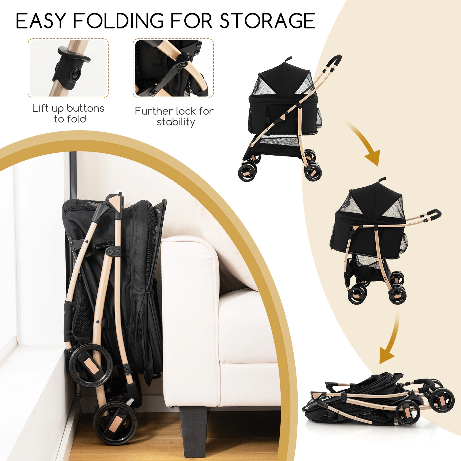 SUGIFT 3-in-1 Pet Stroller with Removable Car Seat Carrier and Pet Bed 33-lb Capacity Black