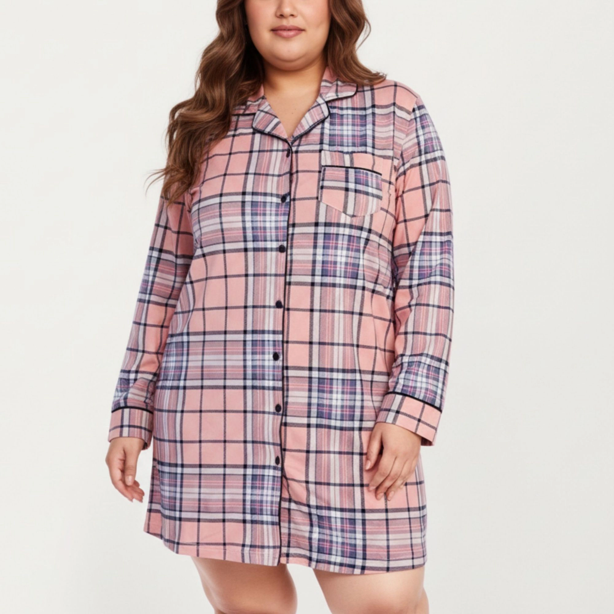 Anna-Kaci Women's Plaid Long Sleeve Sleep Shirt Brushed Fabric Classic Button Front Design and Above-Knee Silhouette