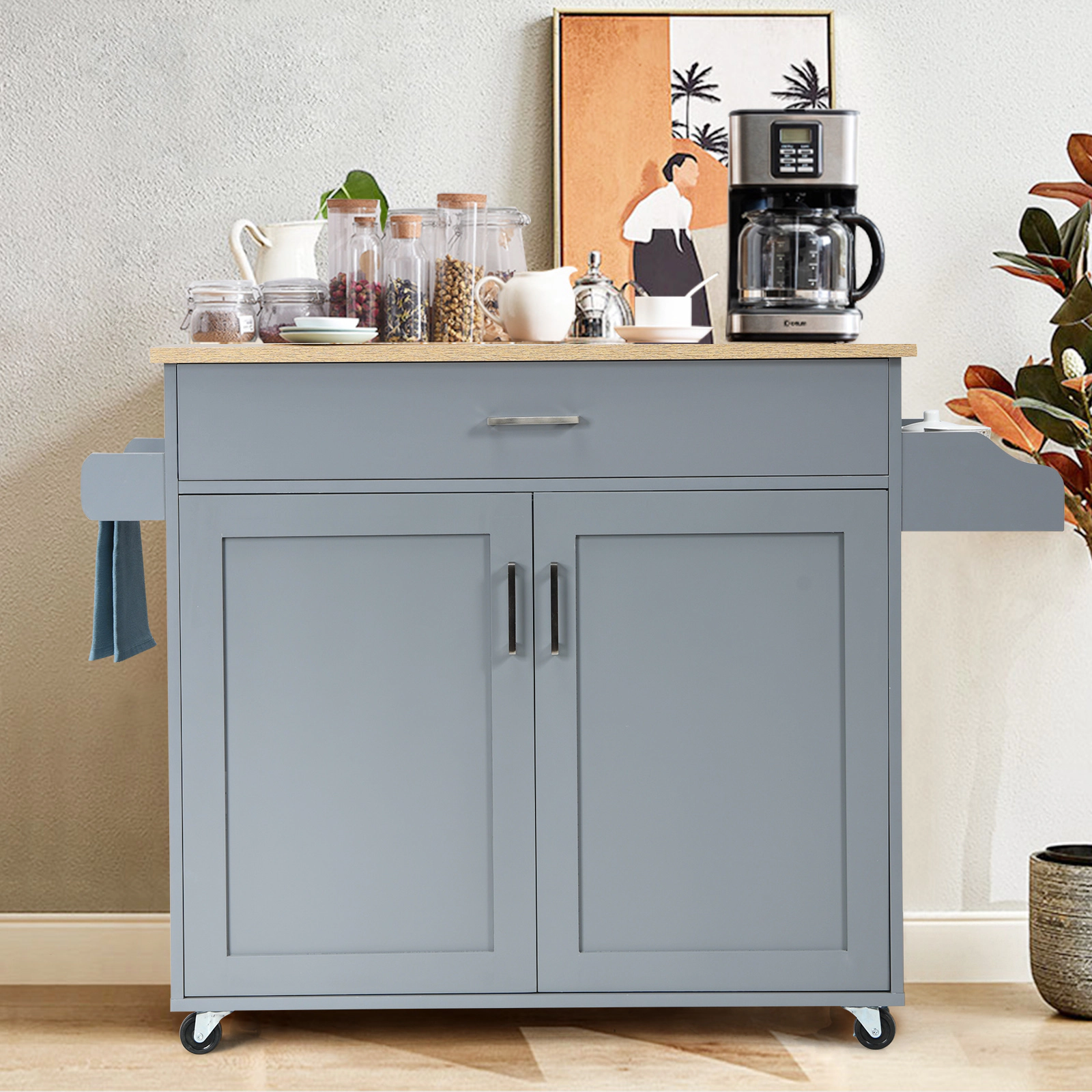 SUGIFT Rolling Kitchen Island Cart Gray with Towel Rack Spice Rack and Adjustable Shelf