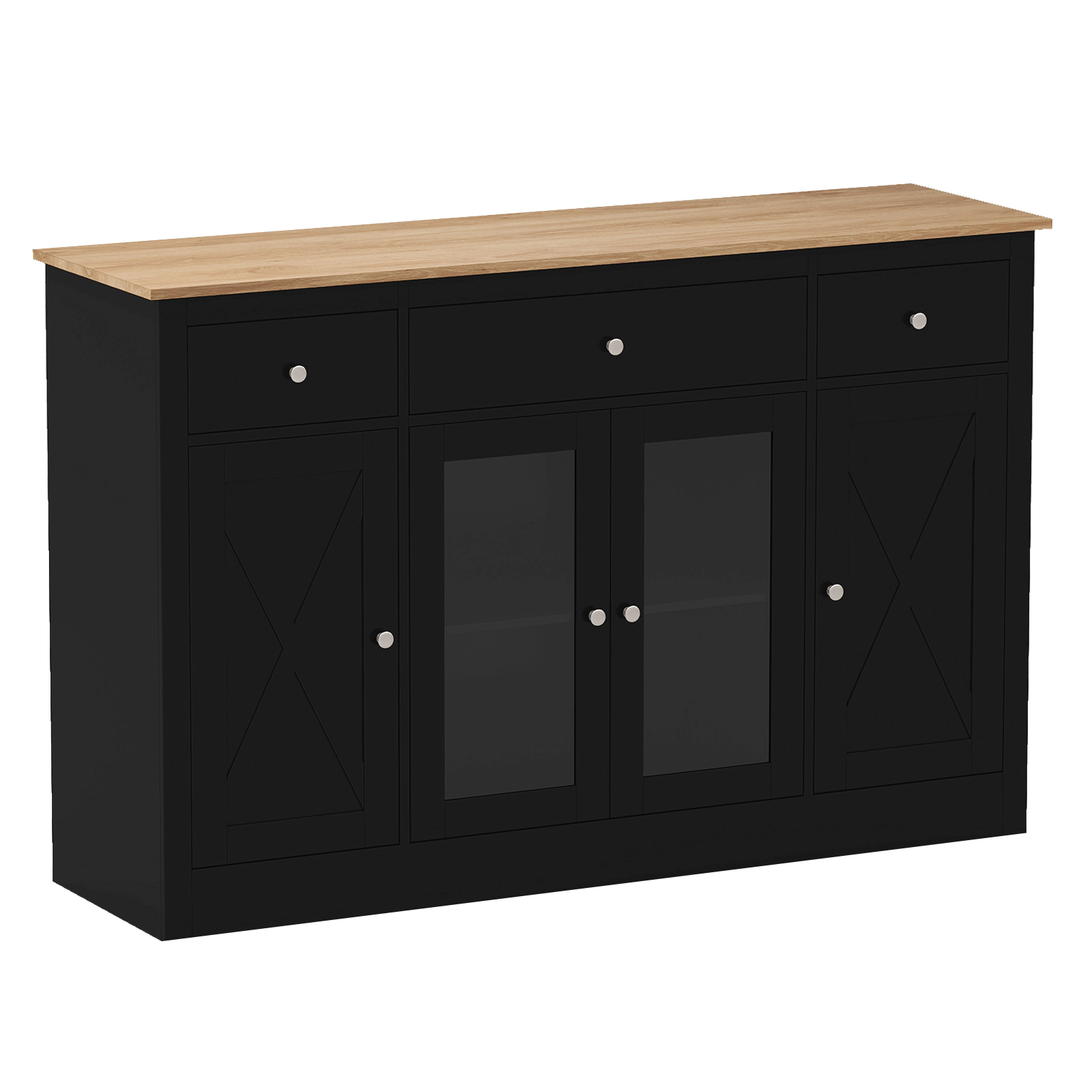SUGIFT Buffet Sideboard Kitchen Storage Cabinet with 3 Drawers See-through Doors Adjustable Shelves Wine Bar Table Black