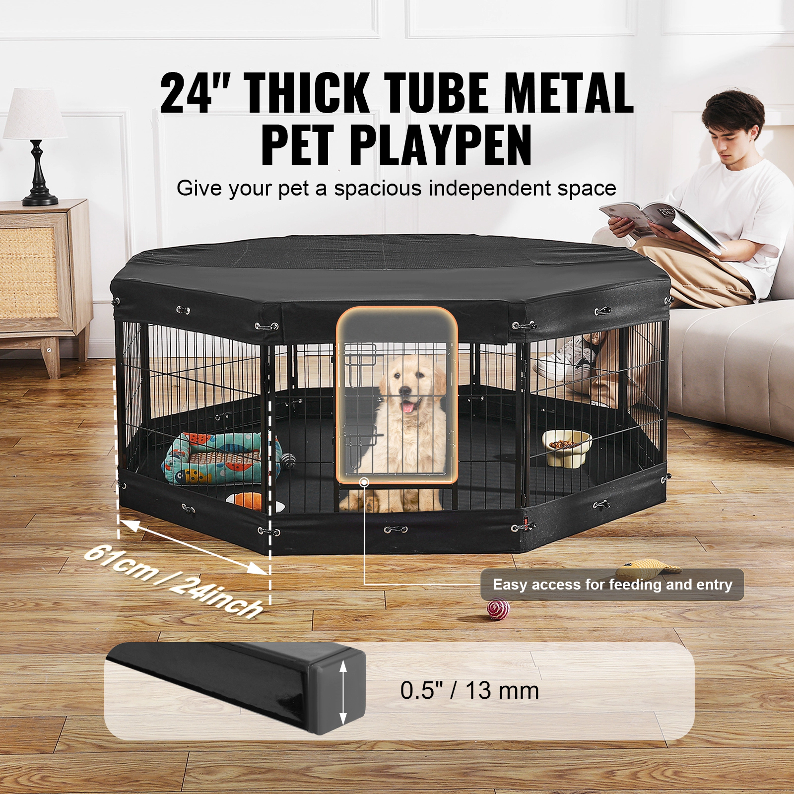 HONGGE Dog Playpen Panels Foldable Metal Pet Exercise Pen Dog Fence Indoor and Outdoor Pen with Door and 600D Oxford