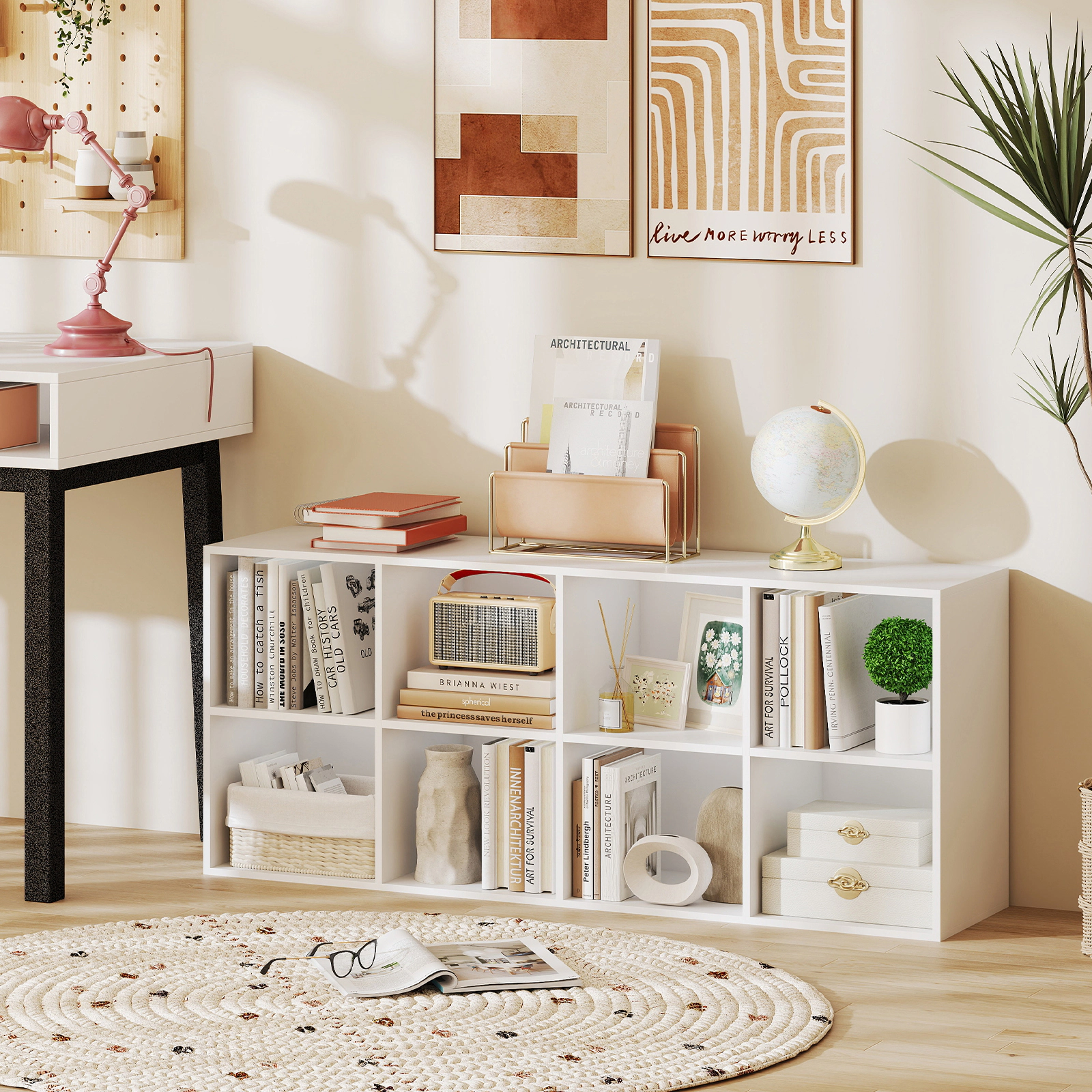 SUGIFT 8-Cube White 48-in Wide Cube Storage Organizer Bookshelf with 180-lb Top and 2 Anti-Tipping Kits