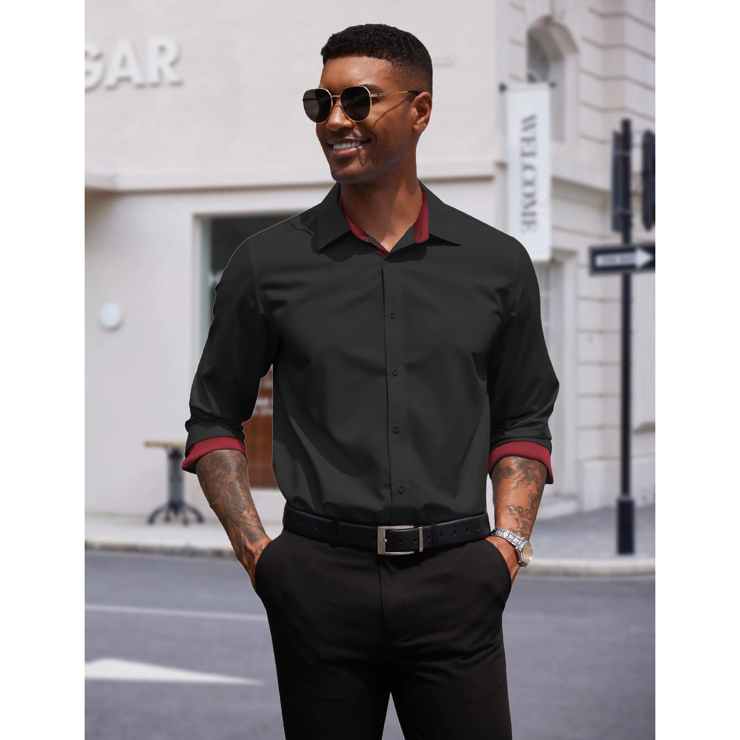 COOFANDY Mens Contrast Collar Long Sleeve Shirt Button Down Dressy Casual Fall Top