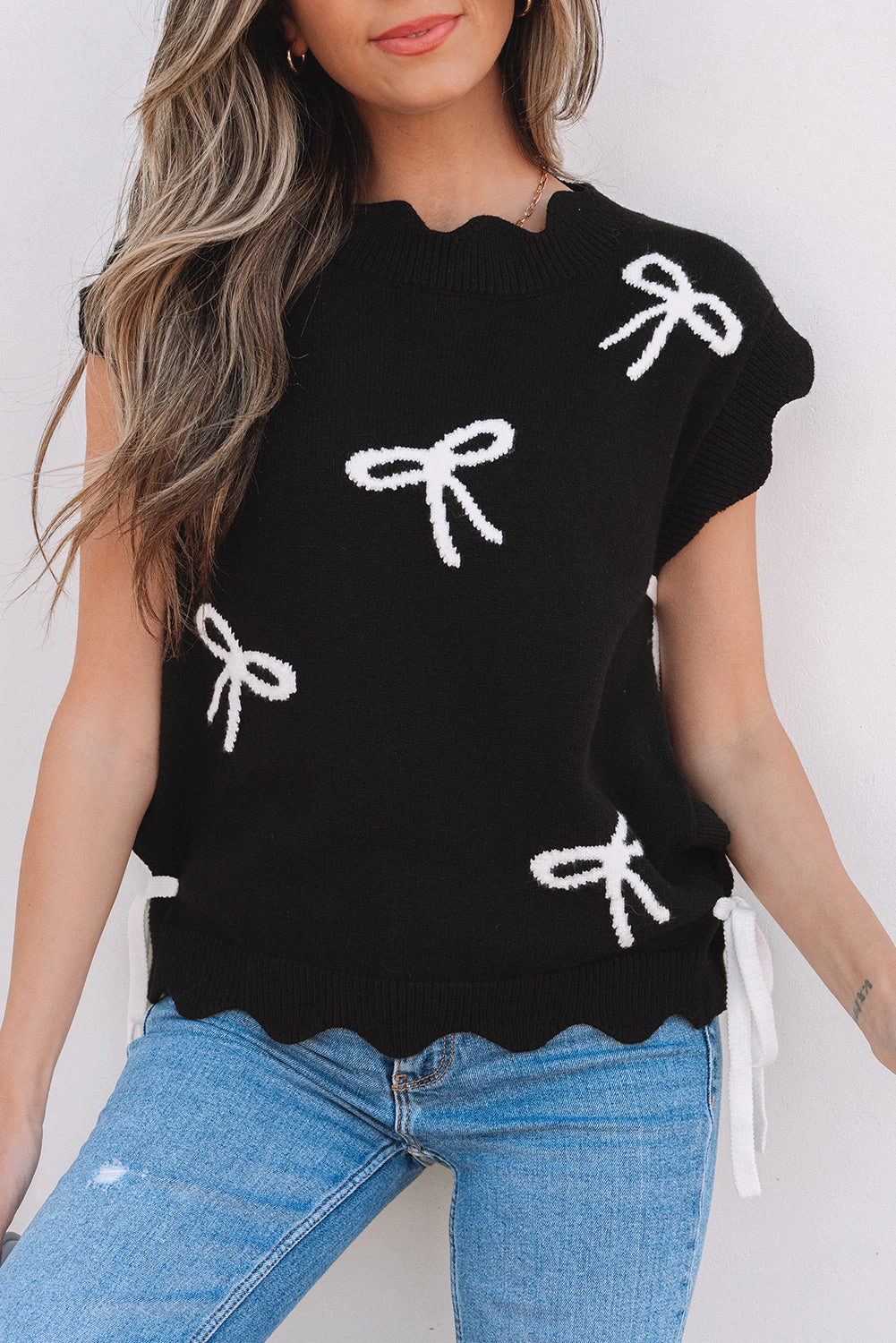 Threaded Pear Women's Dayana Bow Print Side Ties Sweater Top