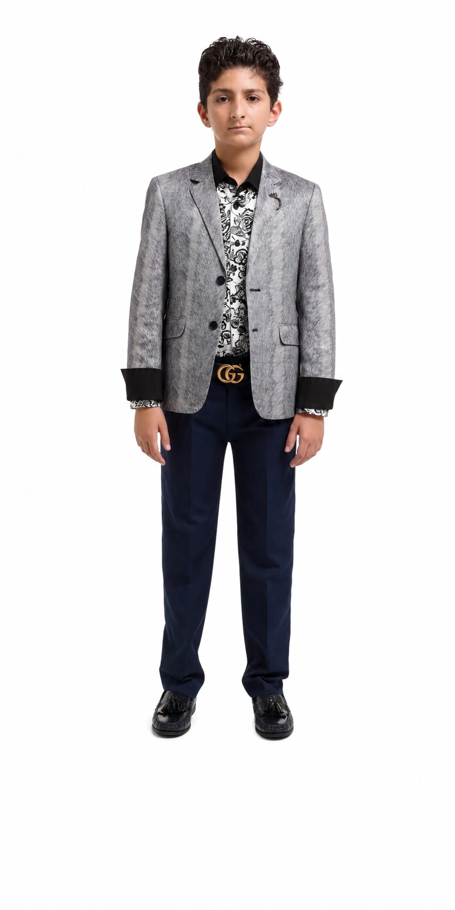 Elie Balleh Boys Slim Fit Printed Velvet Blazer
