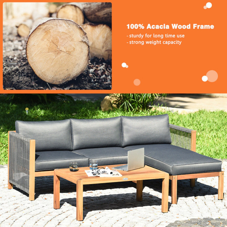 Hivvago 3 Pieces Patio Acacia Wood Sofa Furniture Set With Nylon Rope Armrest