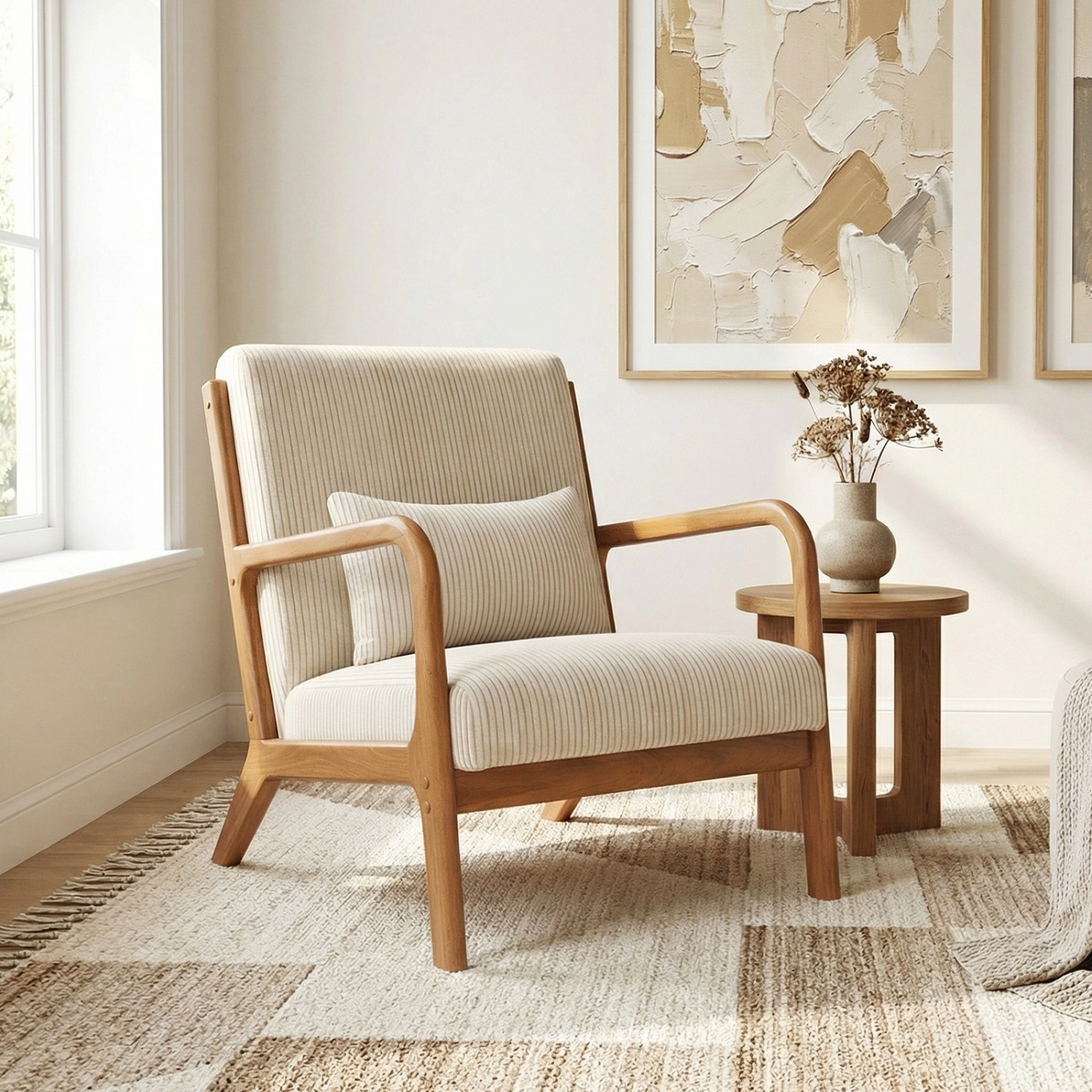 LJG Accent Chair Corduroy Upholstered Lounge with Lumbar Pillow