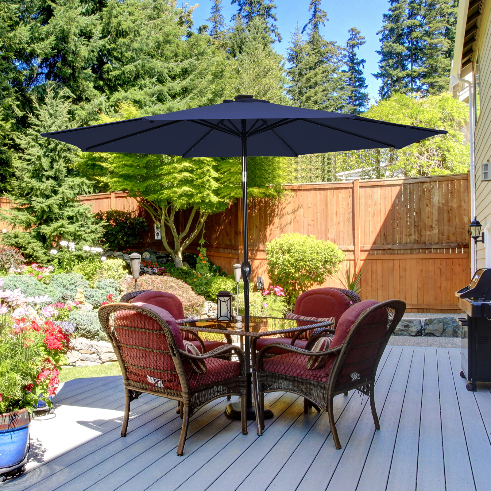 SUGIFT 9-ft Dark Blue Solar LED Market Patio Umbrella, Crank Lift and Push-Button Tilt