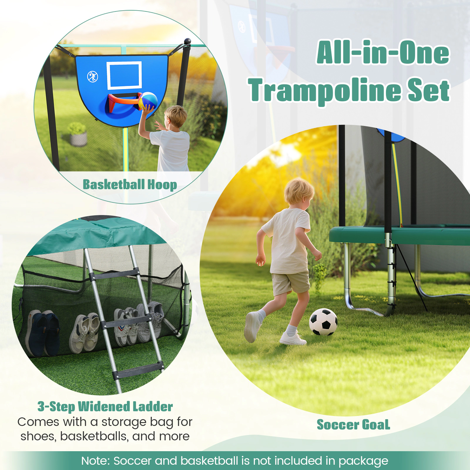 SUGIFT Green Basketball Hoop and Soccer Goal 10 x 8 FT Rectangle Outdoor Kids Trampoline
