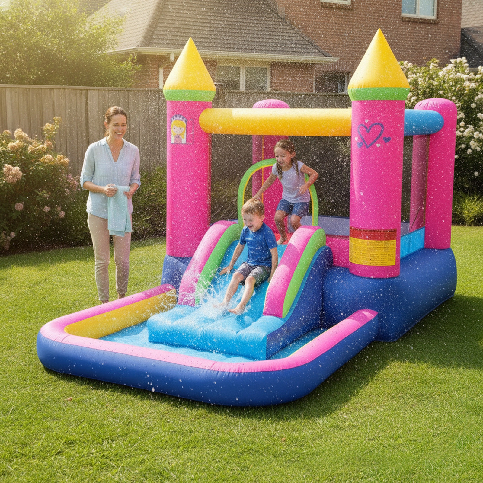 4-in-1 Princess Bouncy Castle Inflatable Bounce House with Slide Basketball Hoop Ball Pit