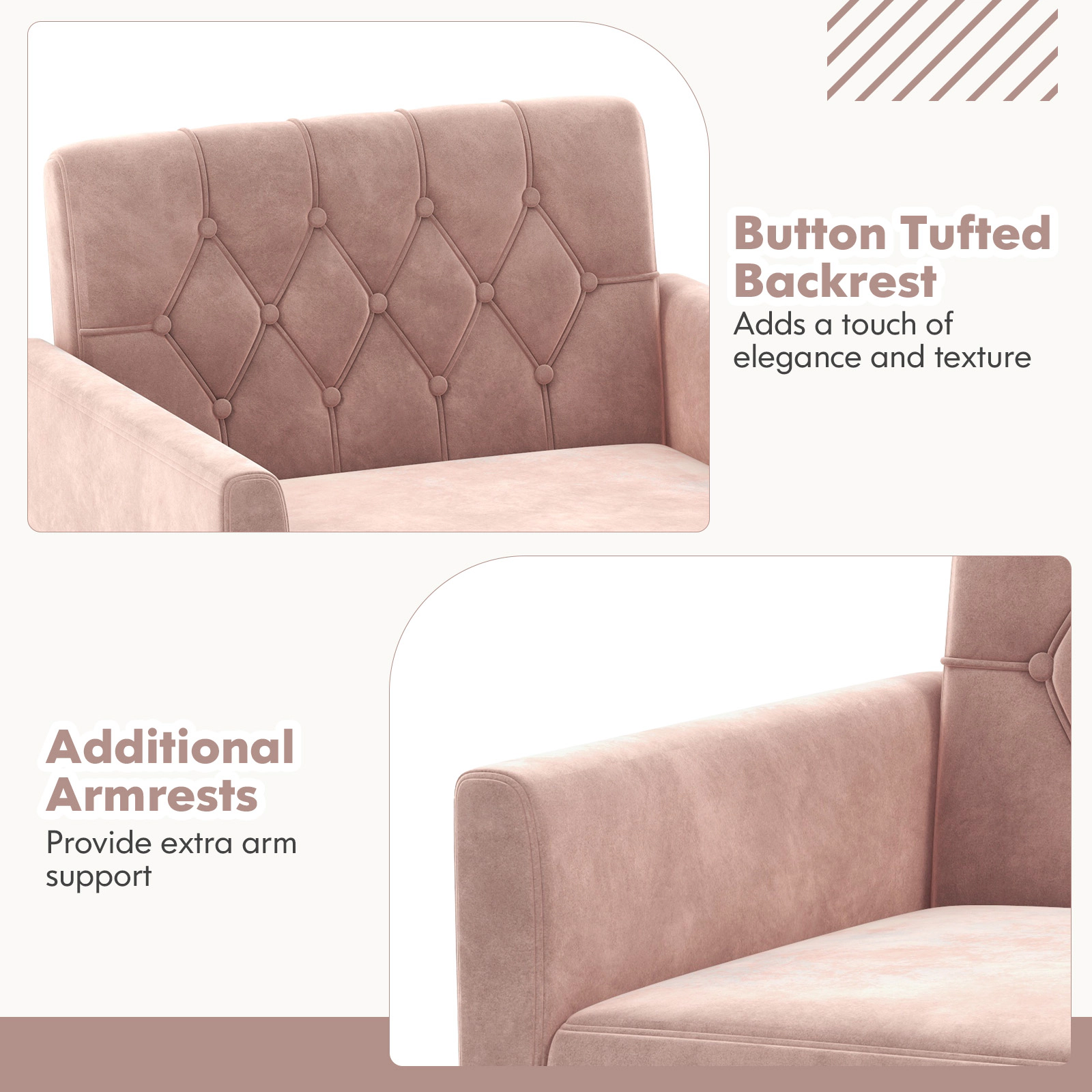 Hivvago Velvet Armchair with Tufted Backrest, Gold-Finished Legs