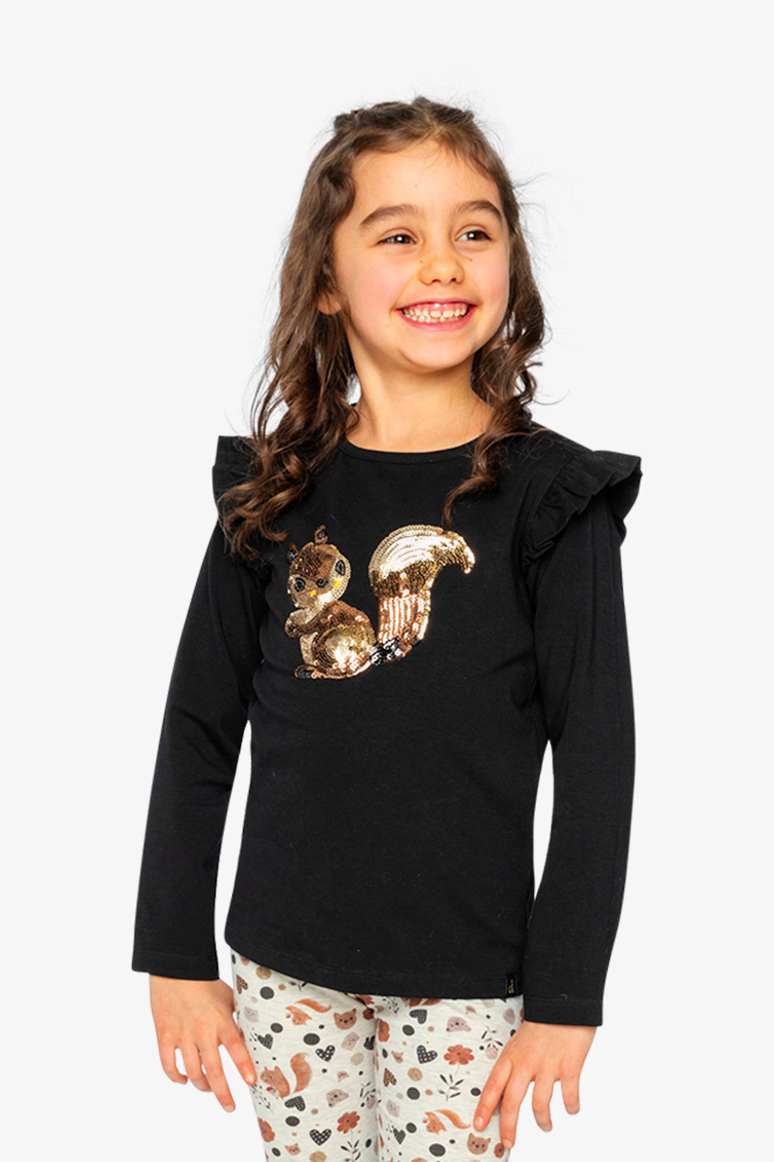 Deux par Girls Sequin Squirrel Organic Cotton Long Sleeve T-Shirt