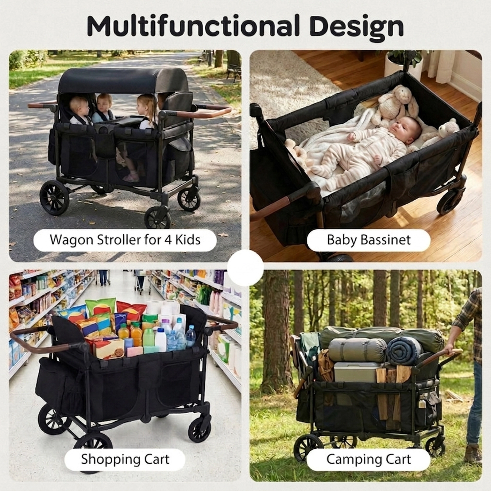 SUGIFT Toddler Black 4-Seat Wagon Stroller with 4 Detachable Padded Seats 44-in W 27.5-in D 45-in H 35-lb Per Seat