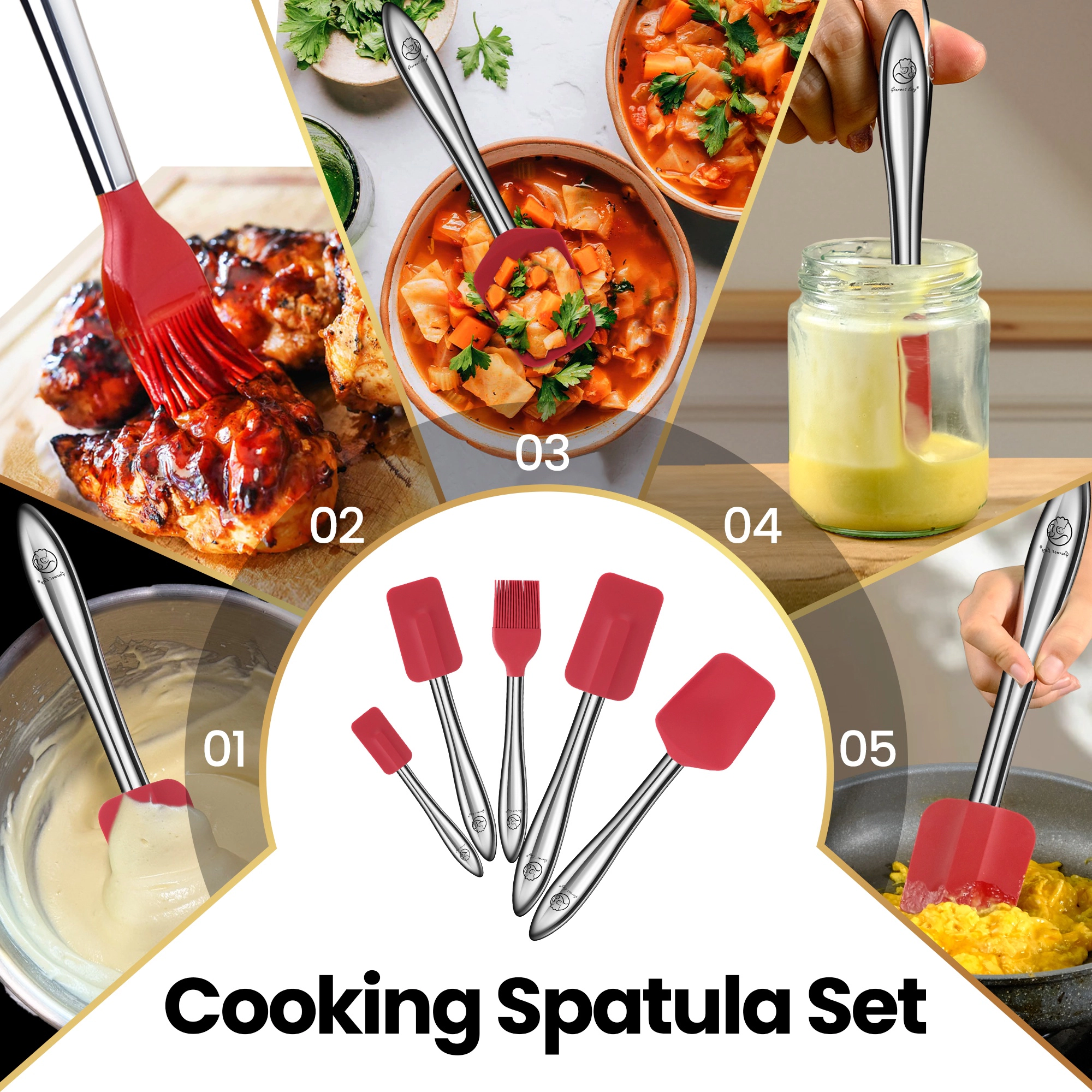 Gourmet Easy 5pcs Silicone Spatula Set, Heat Resistant with Stainless Steel Handle (Red)
