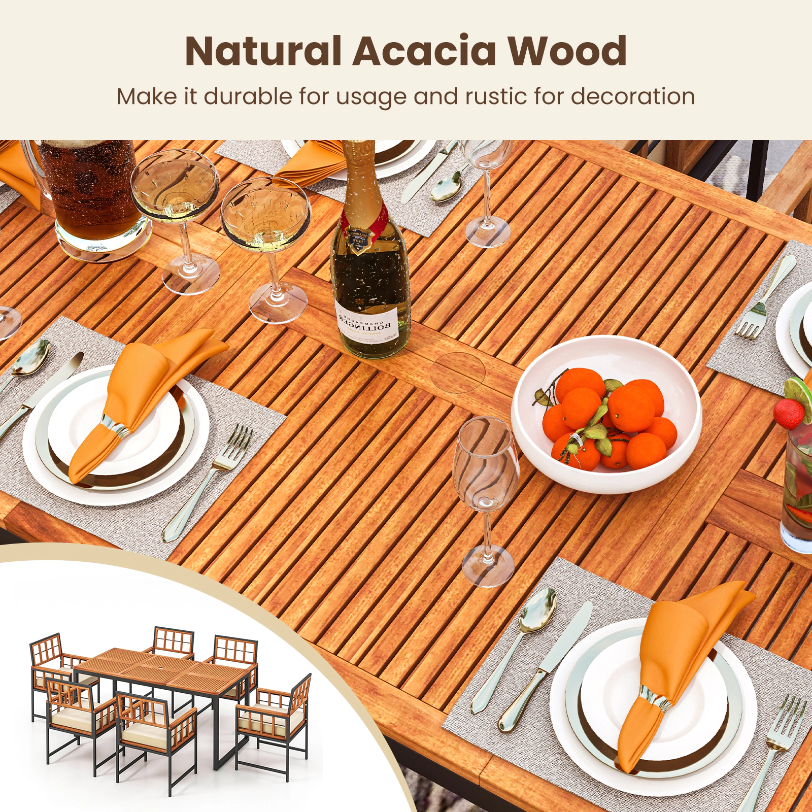 SUGIFT 7-Piece Acacia Wood Patio Dining Set, 67-in Table, 6 Cushioned Armchairs