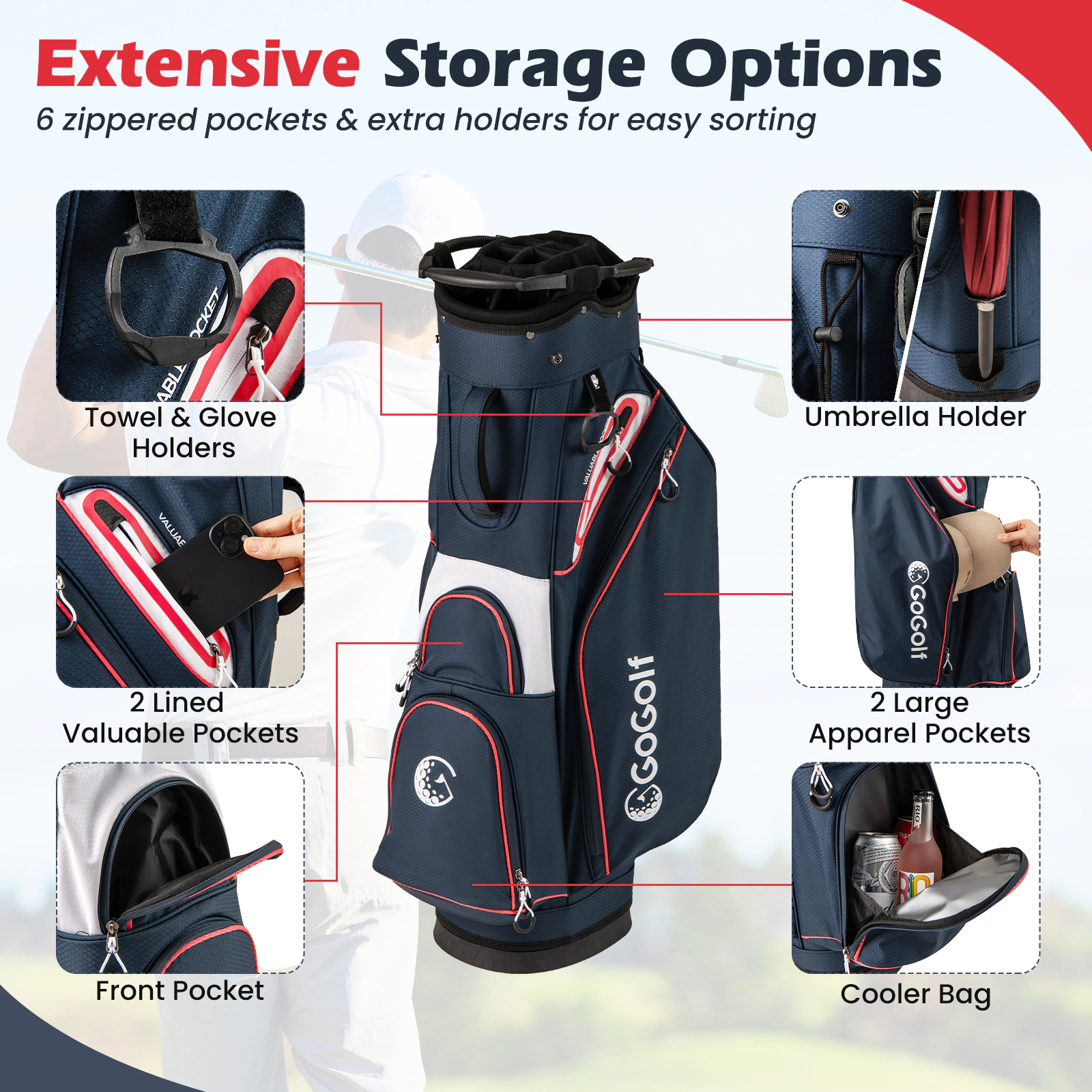 SUGIFT Navy 14-Way Top Dividers 6 Pockets and Rain Hood Golf Cart Bag