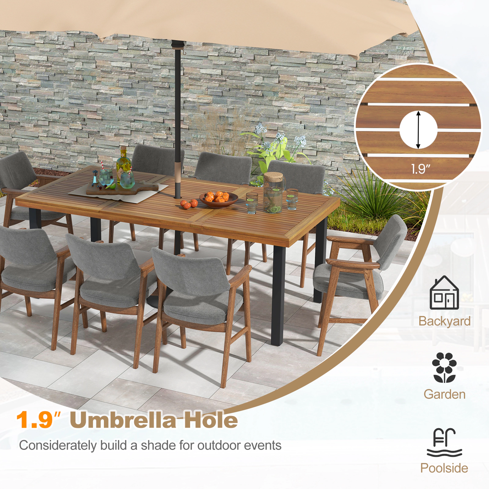 SUGIFT 79-Inch Acacia Wood Outdoor Dining Table for 8 with Umbrella Hole and Leveling Pads