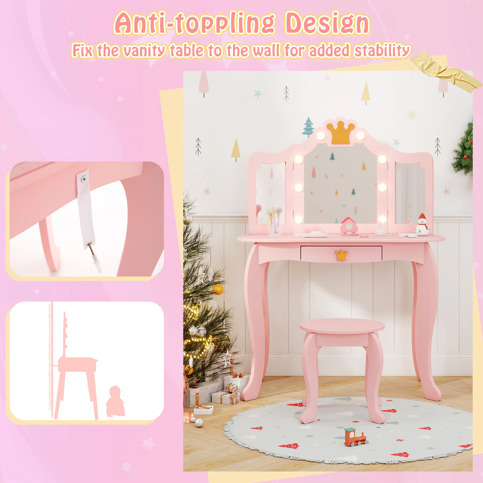 SUGIFT Pink Kids Vanity Set with Tri-Fold LED Mirror, Stool and Detachable Desk