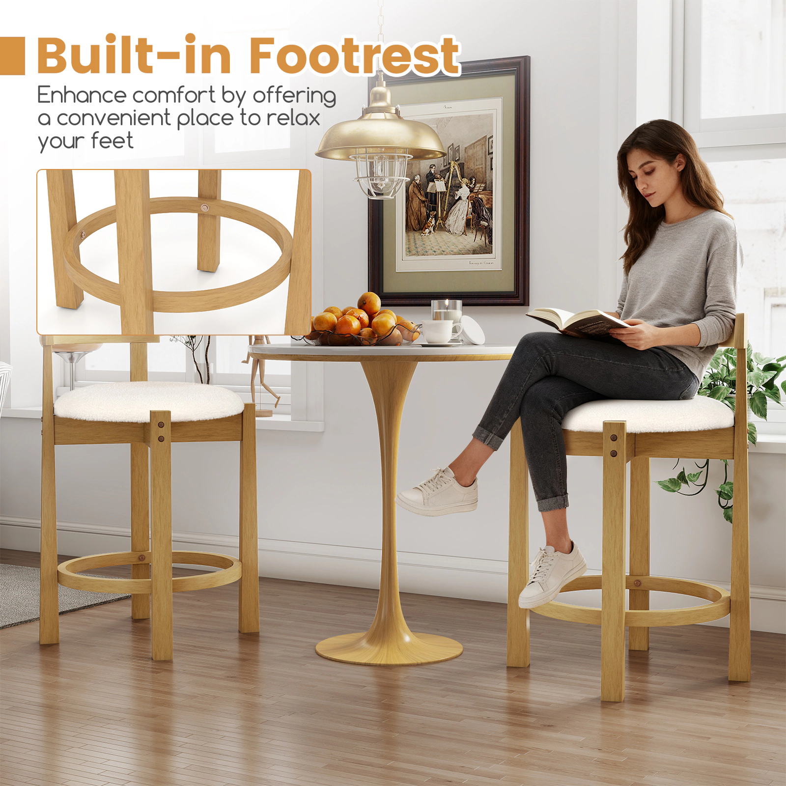 SUGIFT Teddy Velvet Round Seat and Rubber Wood Frame Natural 24 in Counter Stools