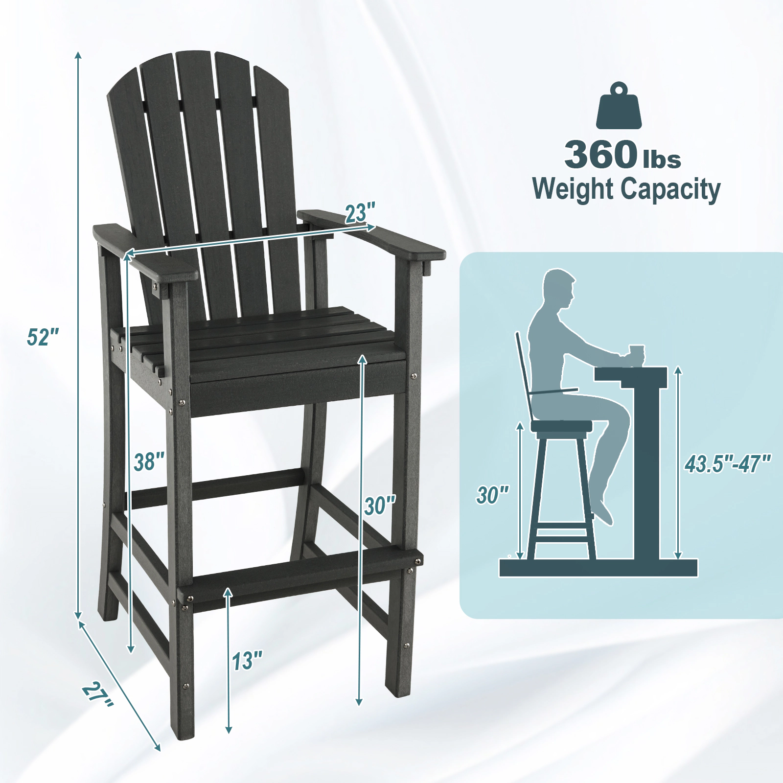 SUGIFT Black Armrests and Footrest 30 Inch Counter Height Outdoor HDPE Bar Stool