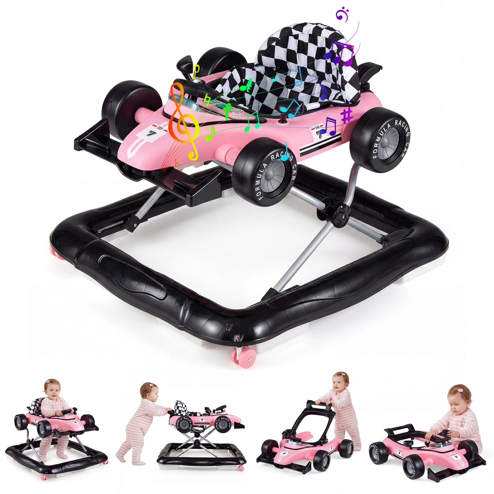 SUGIFT 4-in-1 Height-Adjustable Baby Push Walker Activity Center with Music Box 26.5-lb Capacity Ages 6-18 Months Pink