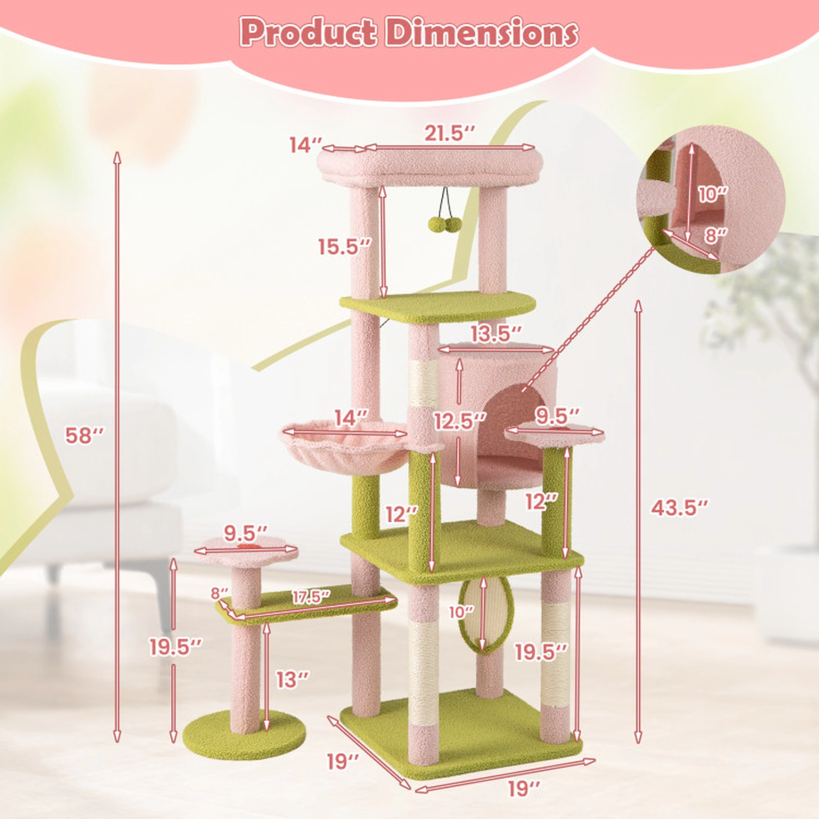 SUGIFT Pink 58 in Multi-Level Floral Cat Tower with Leaf Scratcher and Hammock