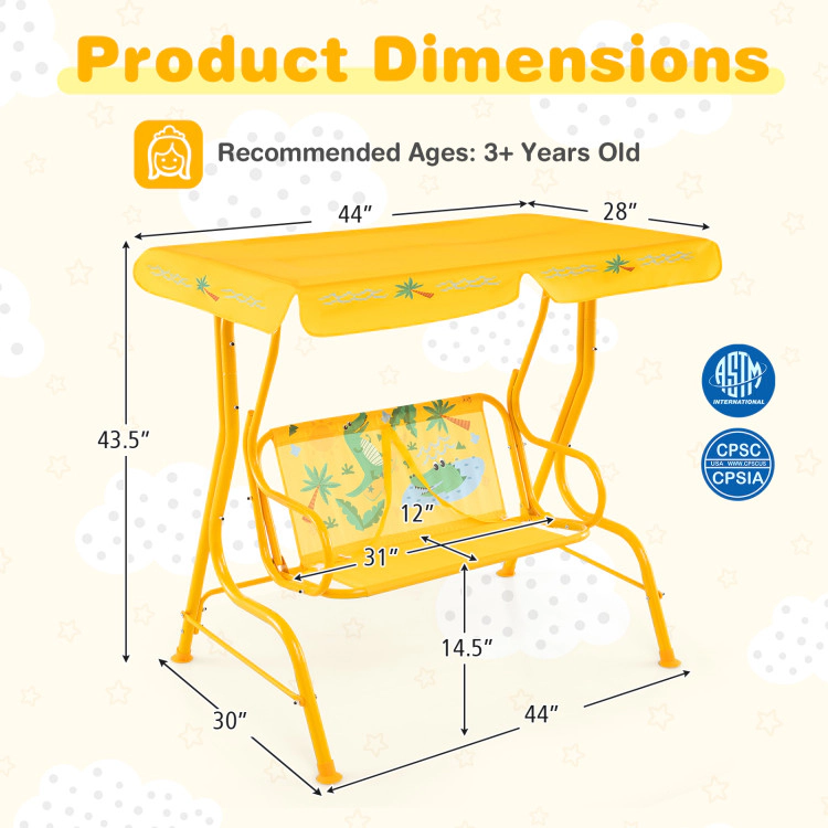 SUGIFT 2-Seater Kids Patio Swing with Metal Stand and Adjustable Canopy 180-lb Capacity Ages 3+ Yellow