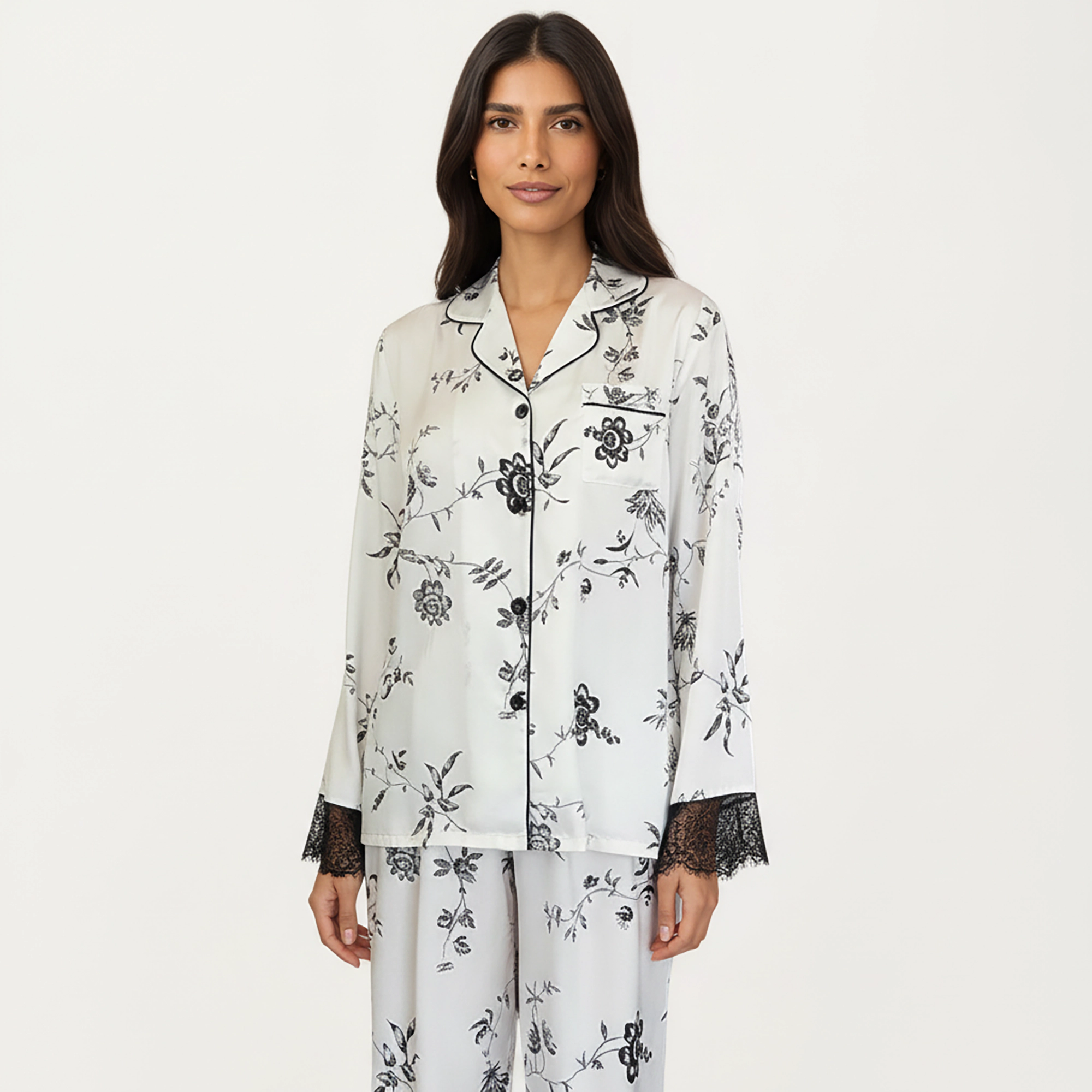 Anna-Kaci Women's Satin Pajama Set with Floral Print and Lace Trim Cuffs Hem