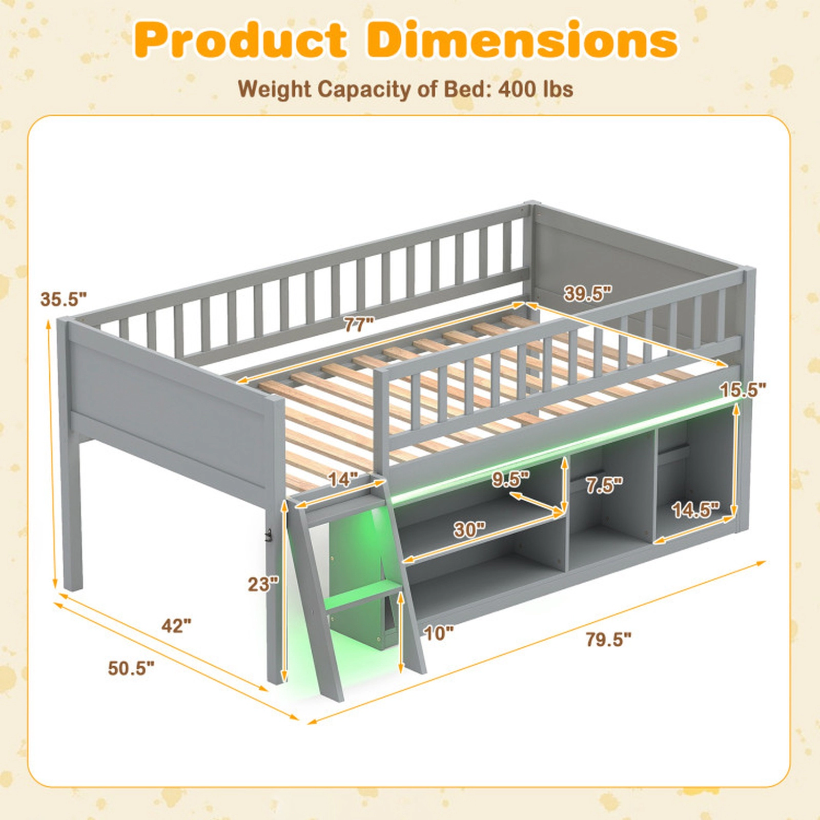 SUGIFT Twin Size Loft Toddler Bed with Adjustable LED Lights Bookshelves and Guardrails 400-lb Capacity Gray and White