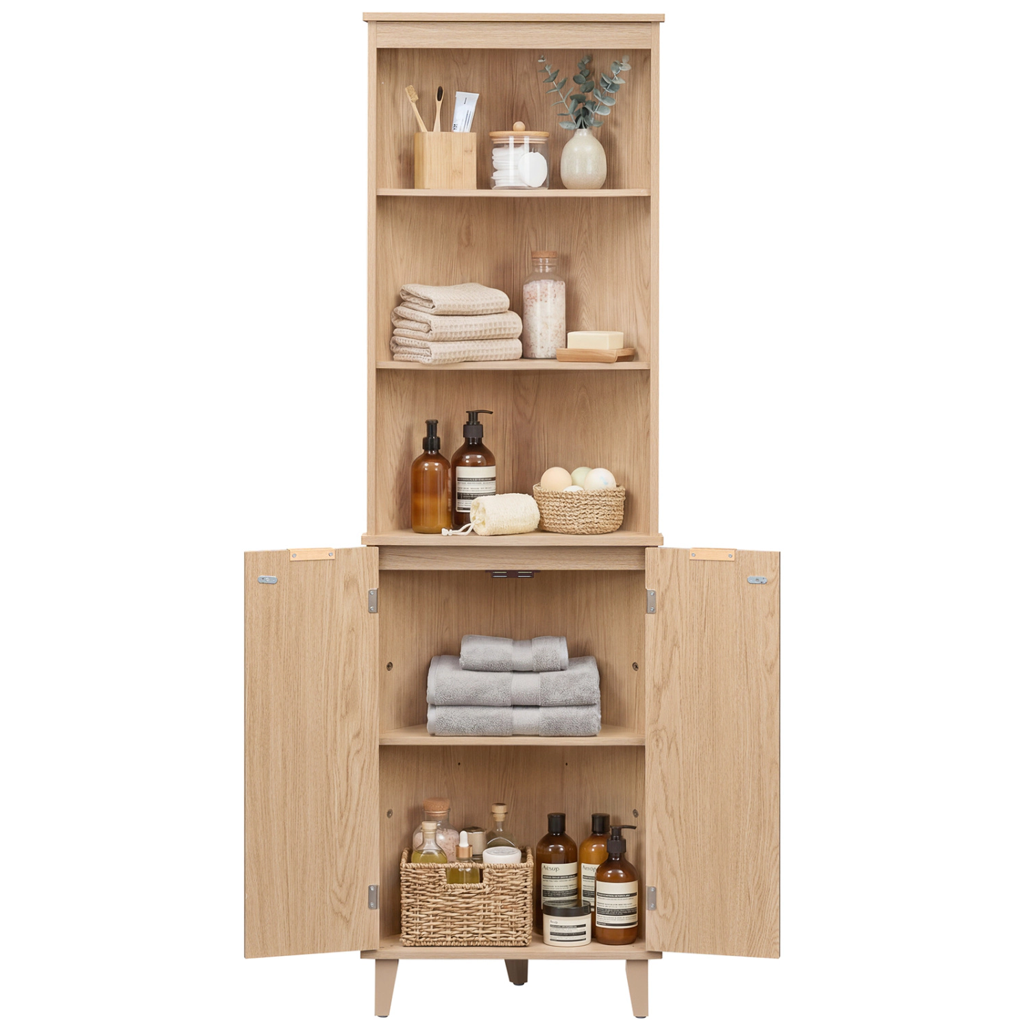 Glintex 68-Inch Wood-Tone Corner Cabinet with Fluted Doors and Rubber Wood Legs