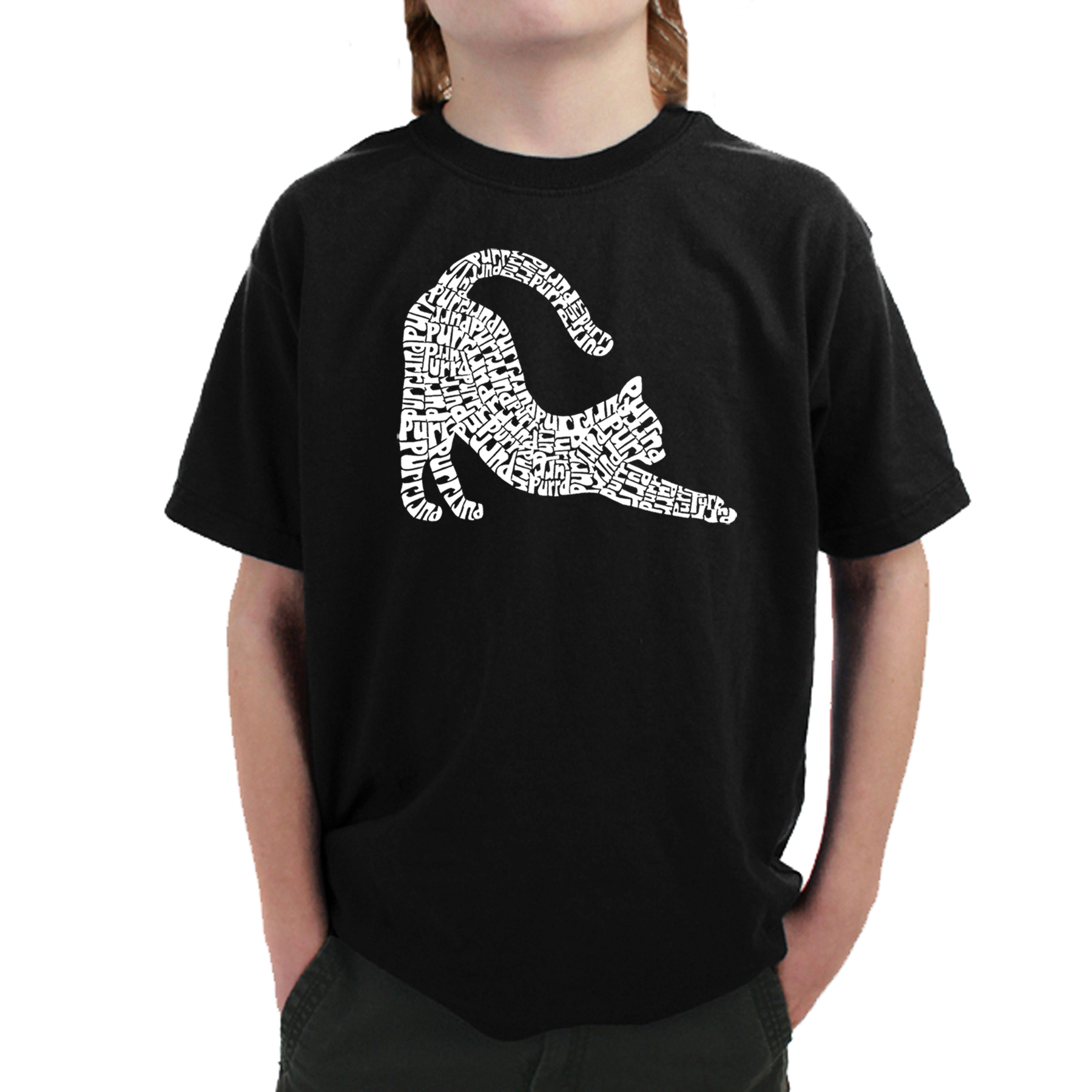 LA Pop Art Boy's Word T-Shirt - Stretching Cat