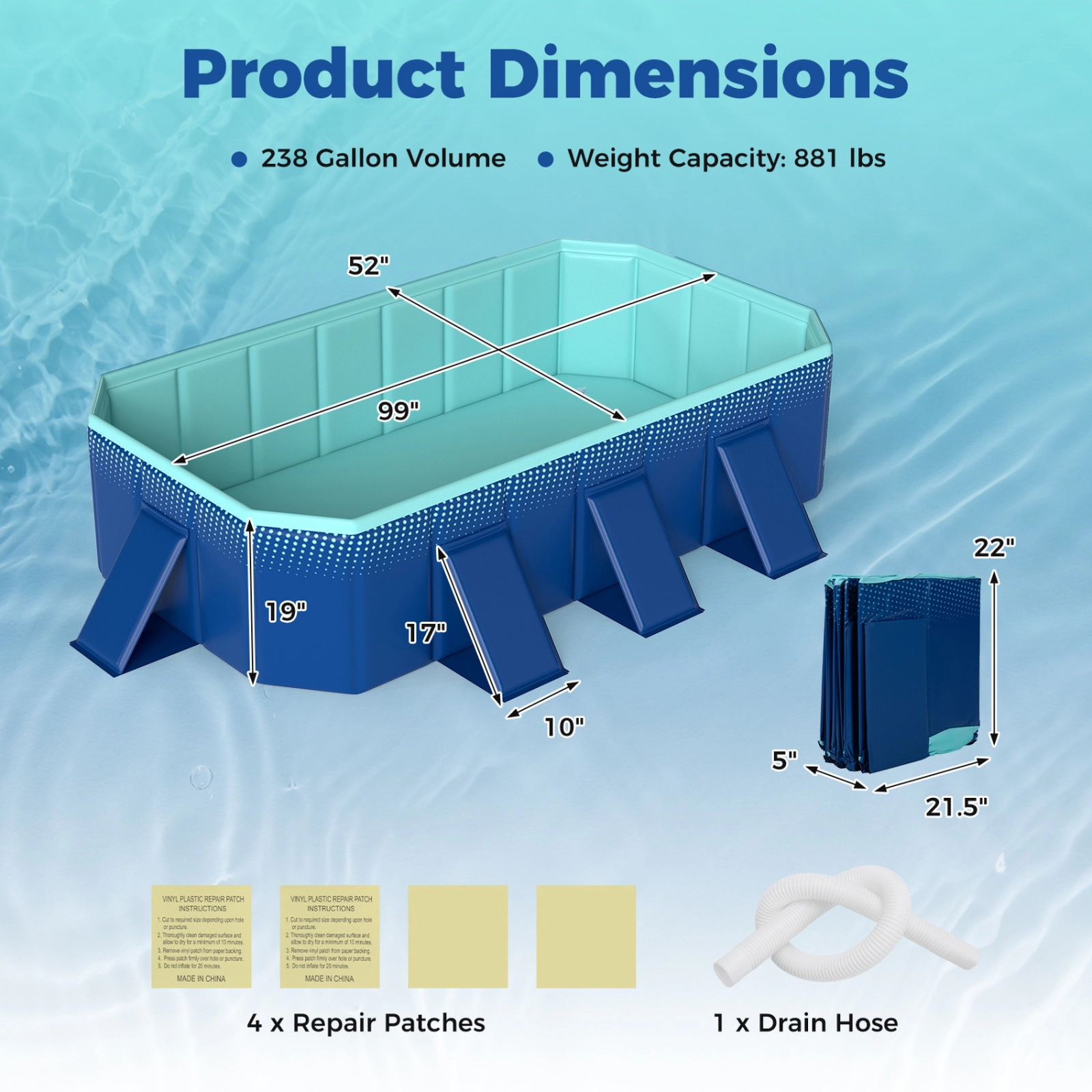 SUGIFT 99 x 52-in 881-lb Capacity Navy Non-Inflatable Foldable Above Ground Swimming Pool with Drain Hose