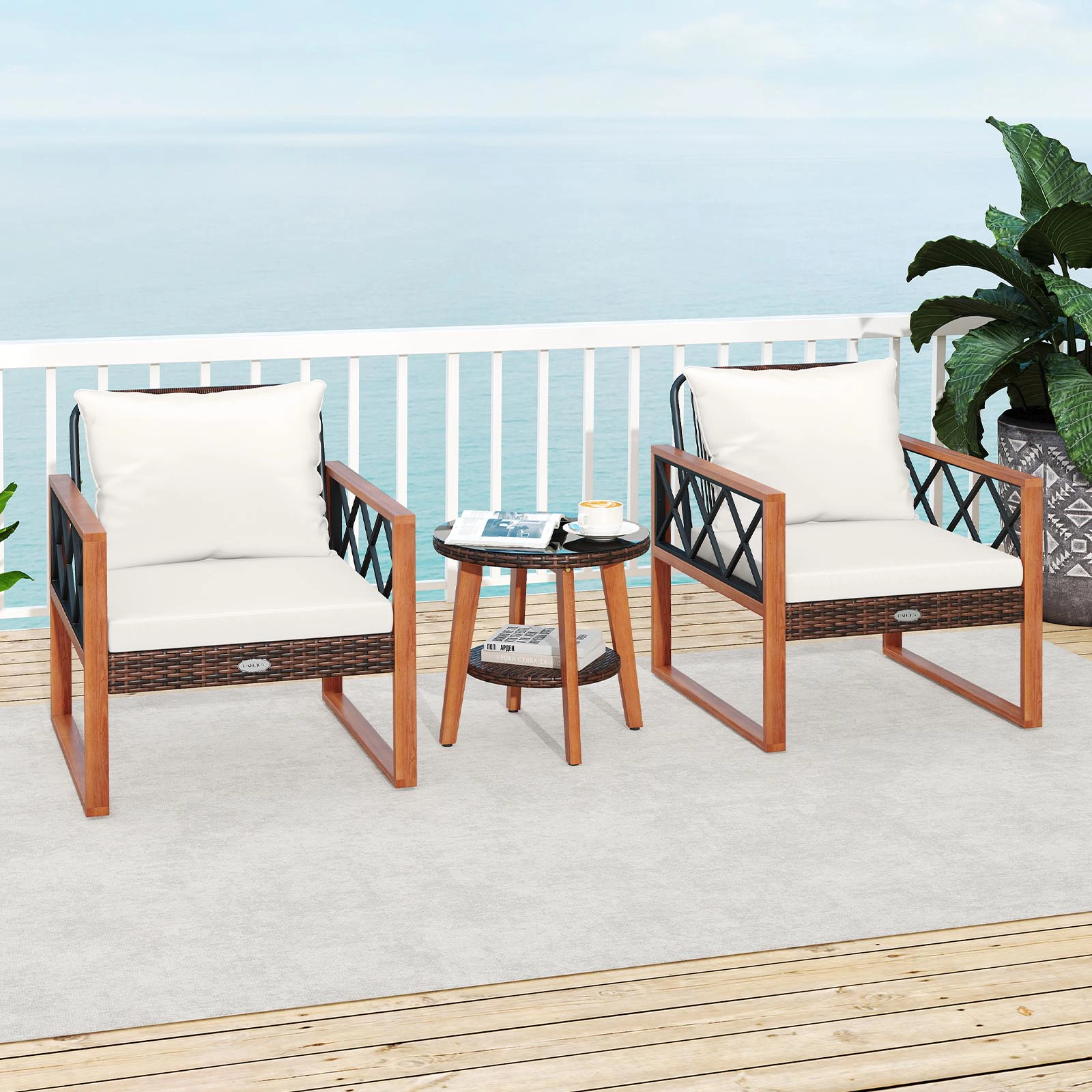 LJG 3 Pieces Patio Furniture Set with Tempered Glass Top Table and Soft Cushions