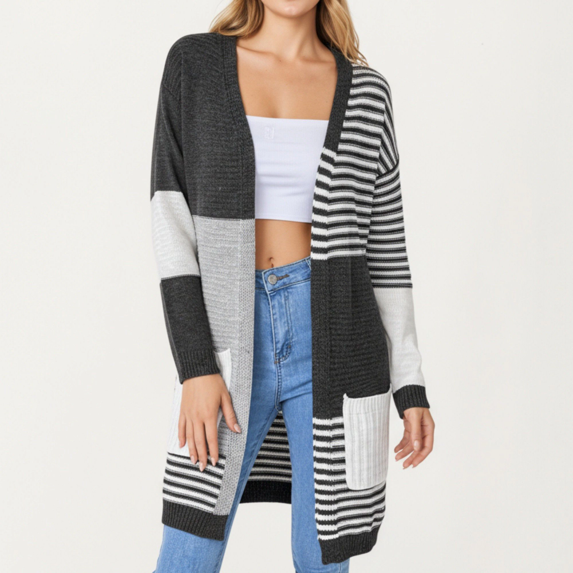 Anna-Kaci Women's Long Sleeve Color Block Striped Knit Cardigan with Front Pockets