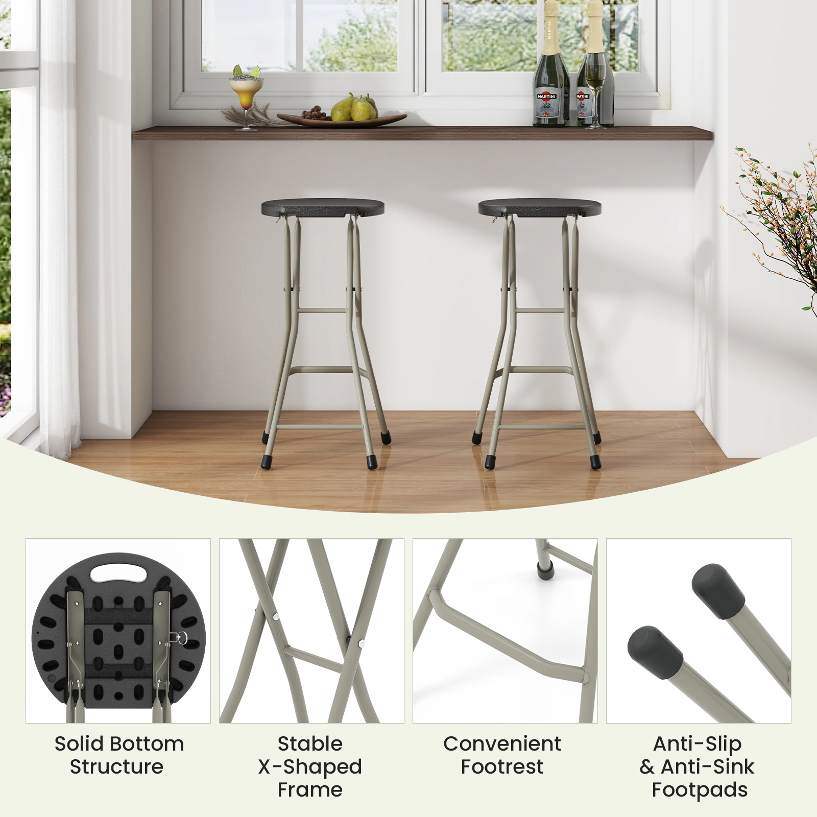 SUGIFT Portable Folding Dining Stool with Footrest 330-lb Capacity 28-in Height Black Silver